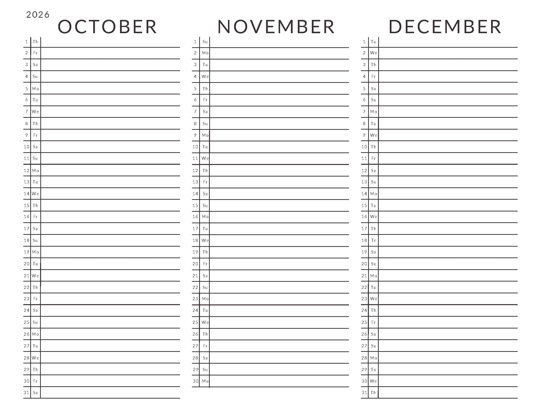 October-December 2026 Calendars List View
