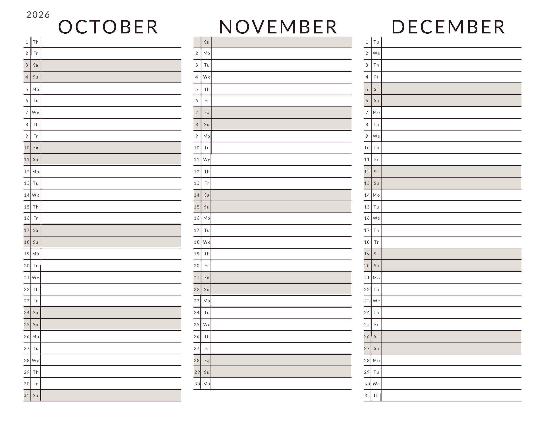 October-December 2026 Calendars List View Soft Pastel