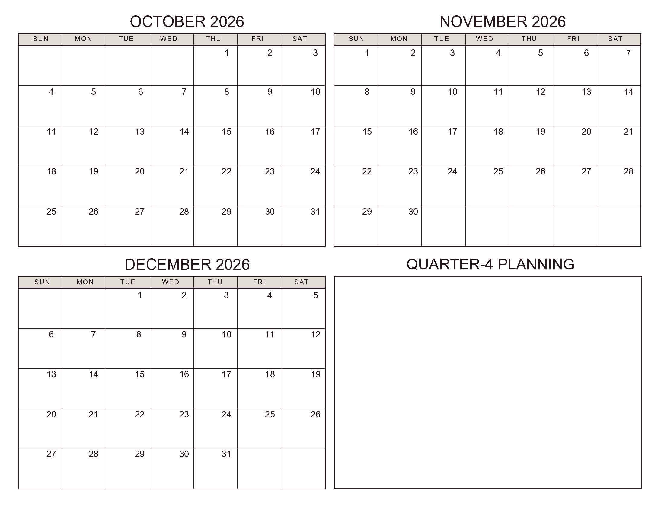 October-December 2026 Calendars Standard Soft Pastel
