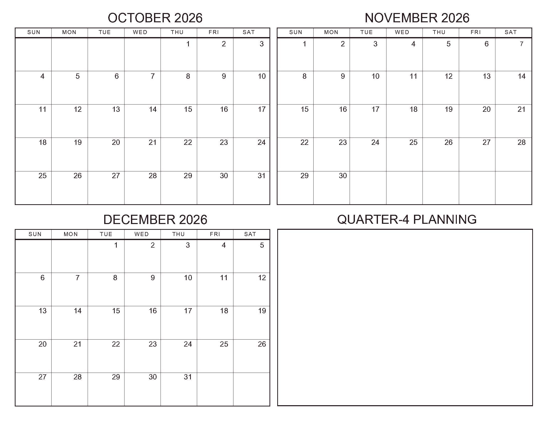 October-December 2026 Calendars Standard