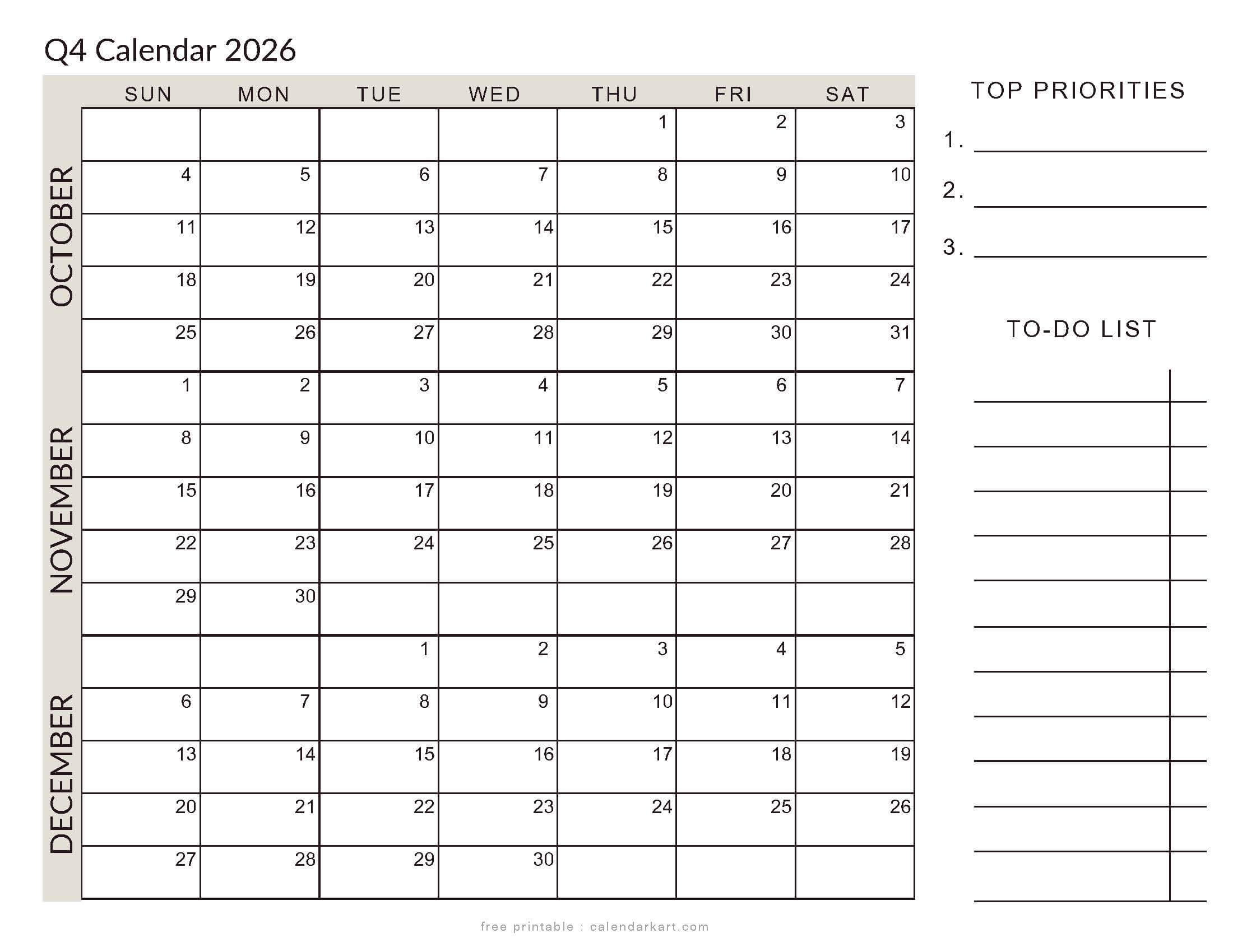 October-December 2026 Q-4 With To Do List Soft Pastel