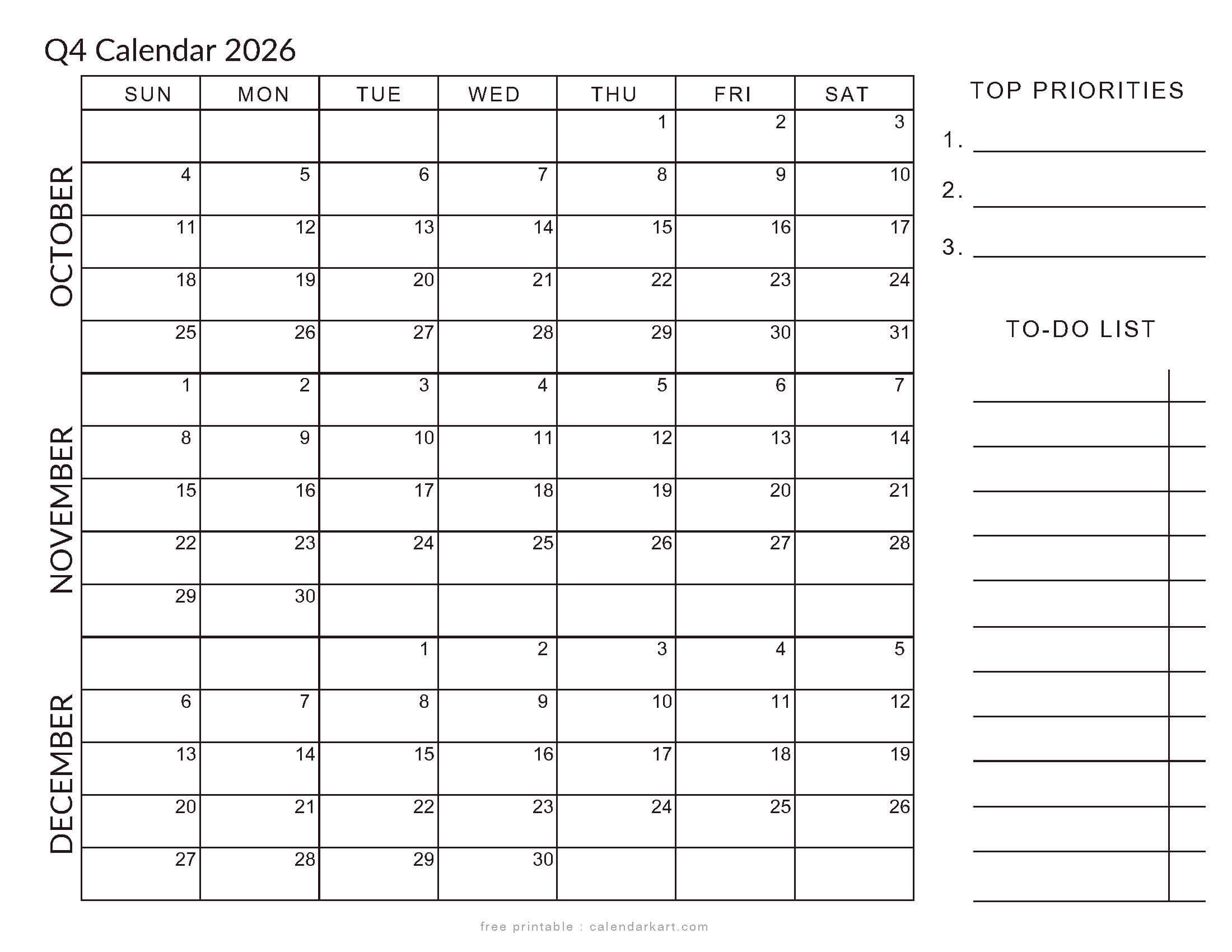 October-December 2026 Q-4 With To Do List