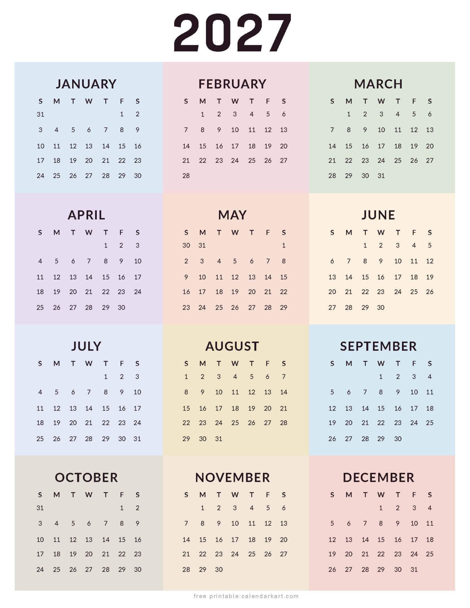 2027 Calendar – Free Printable PDF Templates | CalendarKart