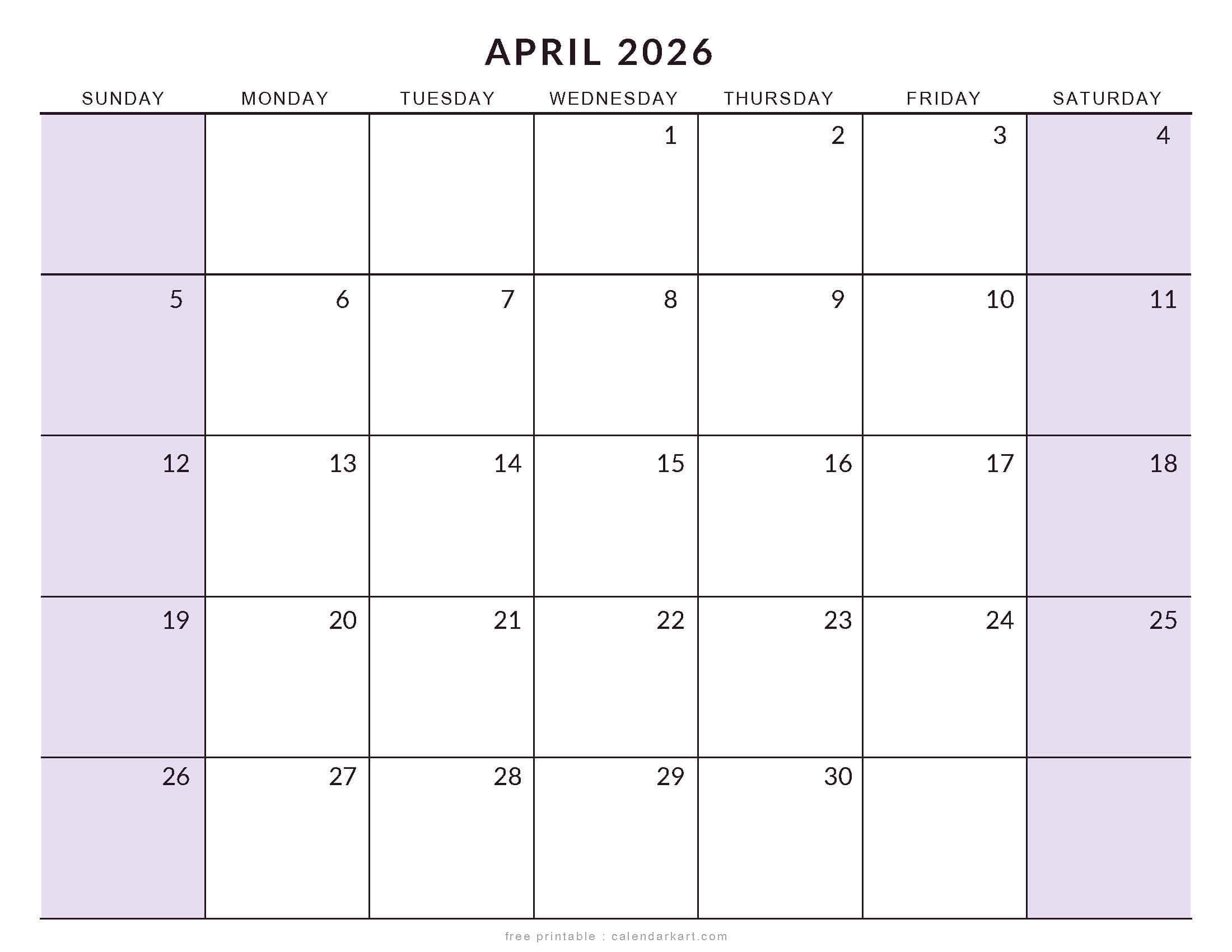 Printable April 2026 Calendar Large Size Soft Pastel