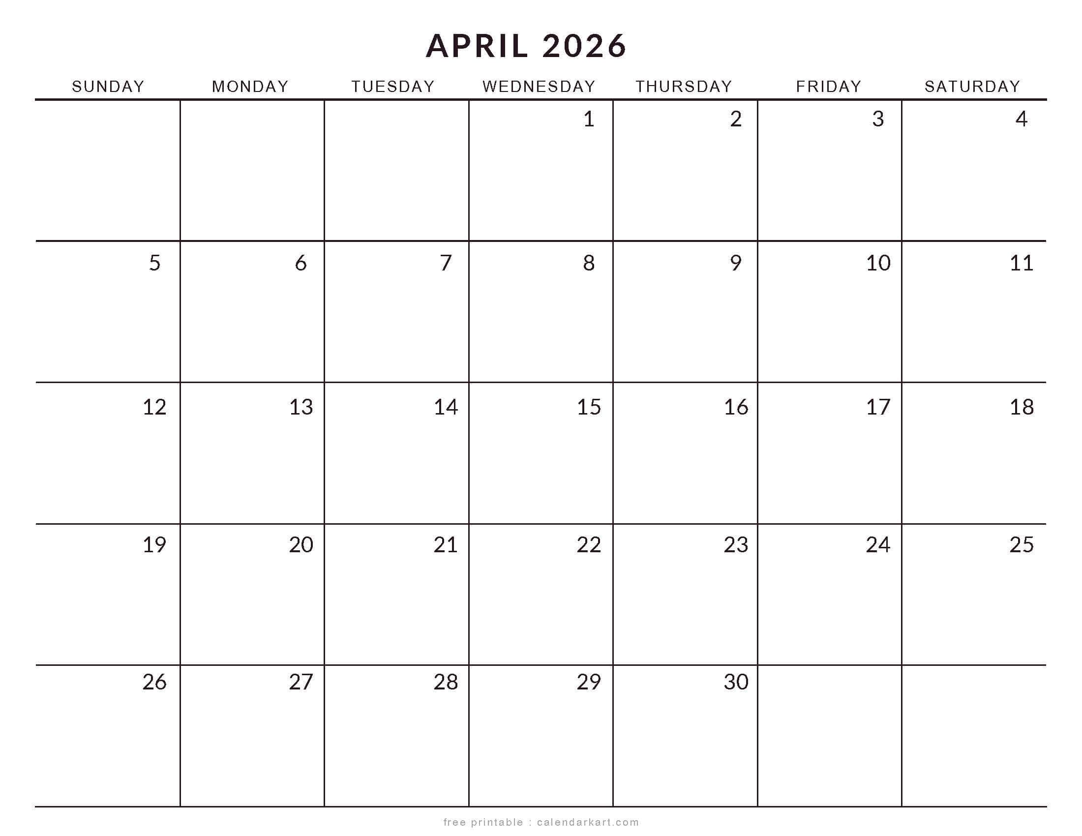 Printable April 2026 Calendar Large Size