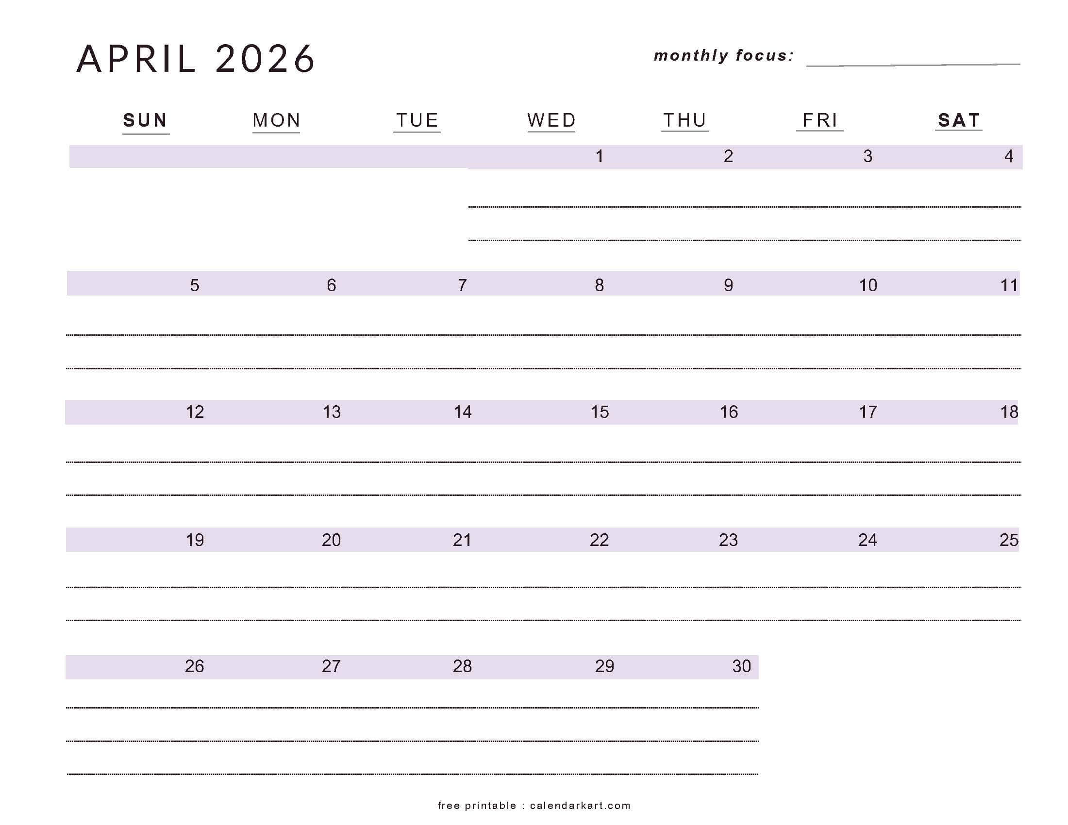 Printable April 2026 Calendar Lined soft Pastel