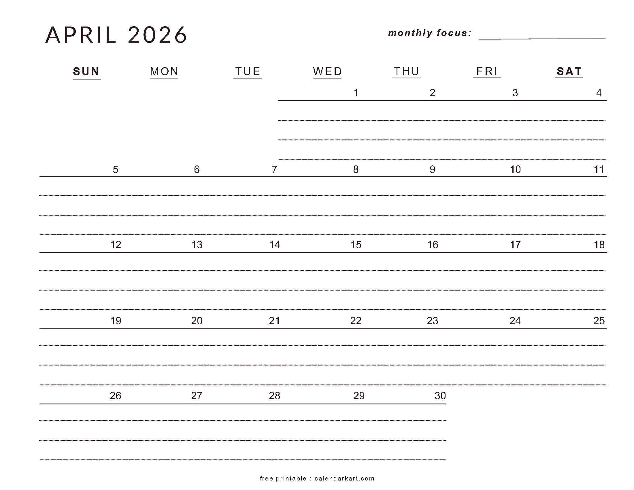 Printable April 2026 Calendar Lined