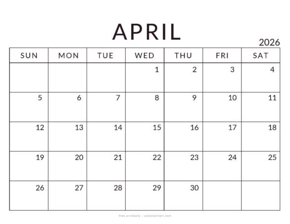 Printable April 2026 Calendar Minimal
