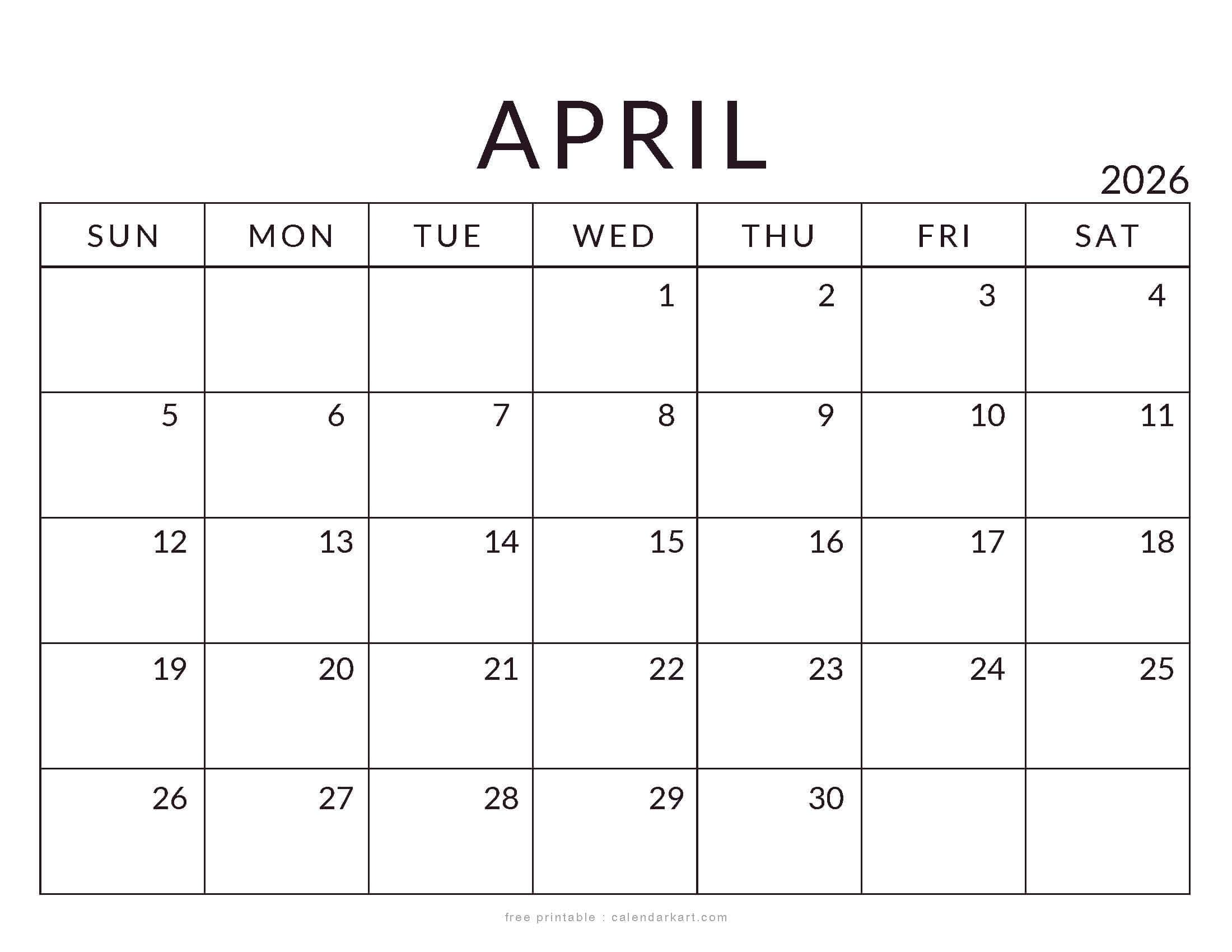 Printable April 2026 Calendar Minimal