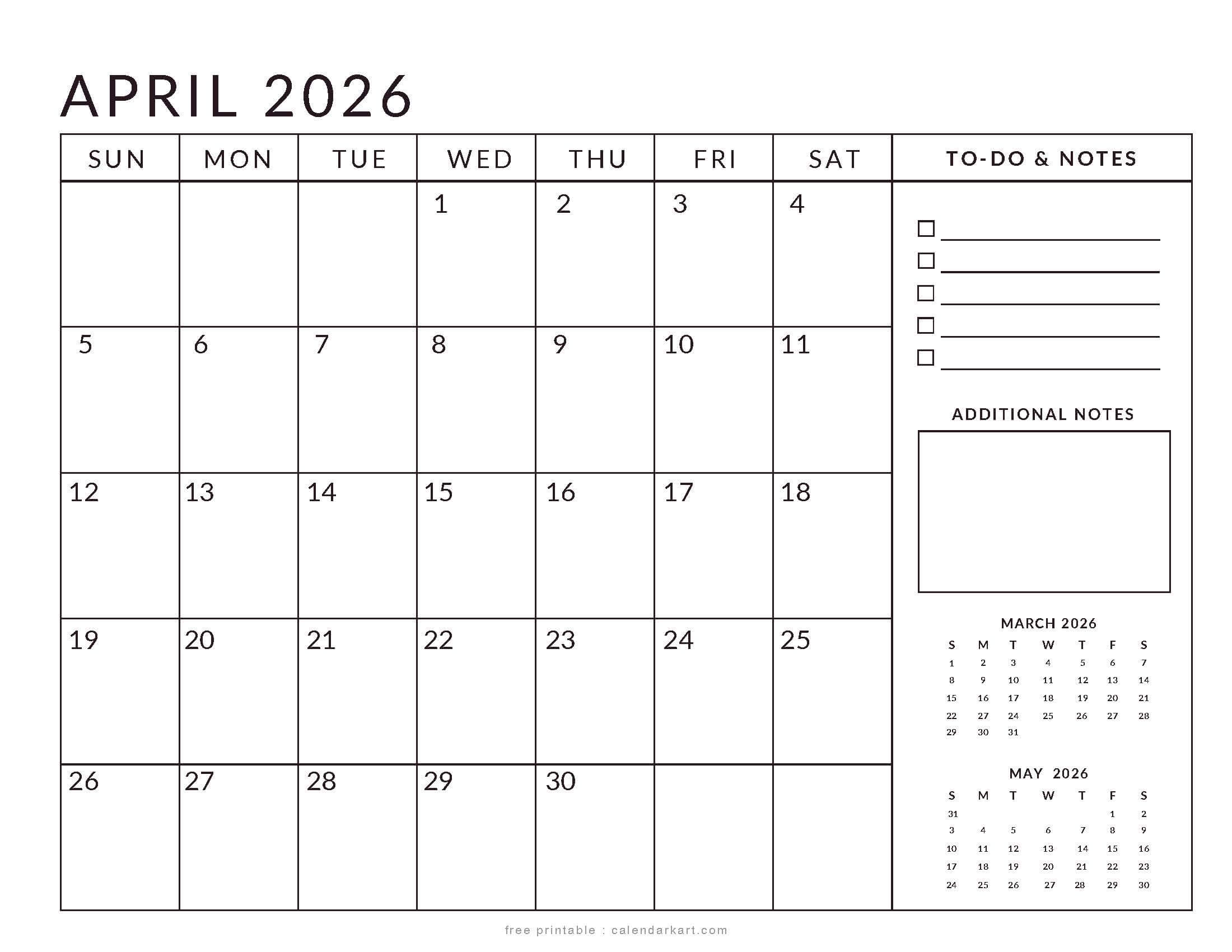 Printable April 2026 Calendar Planner