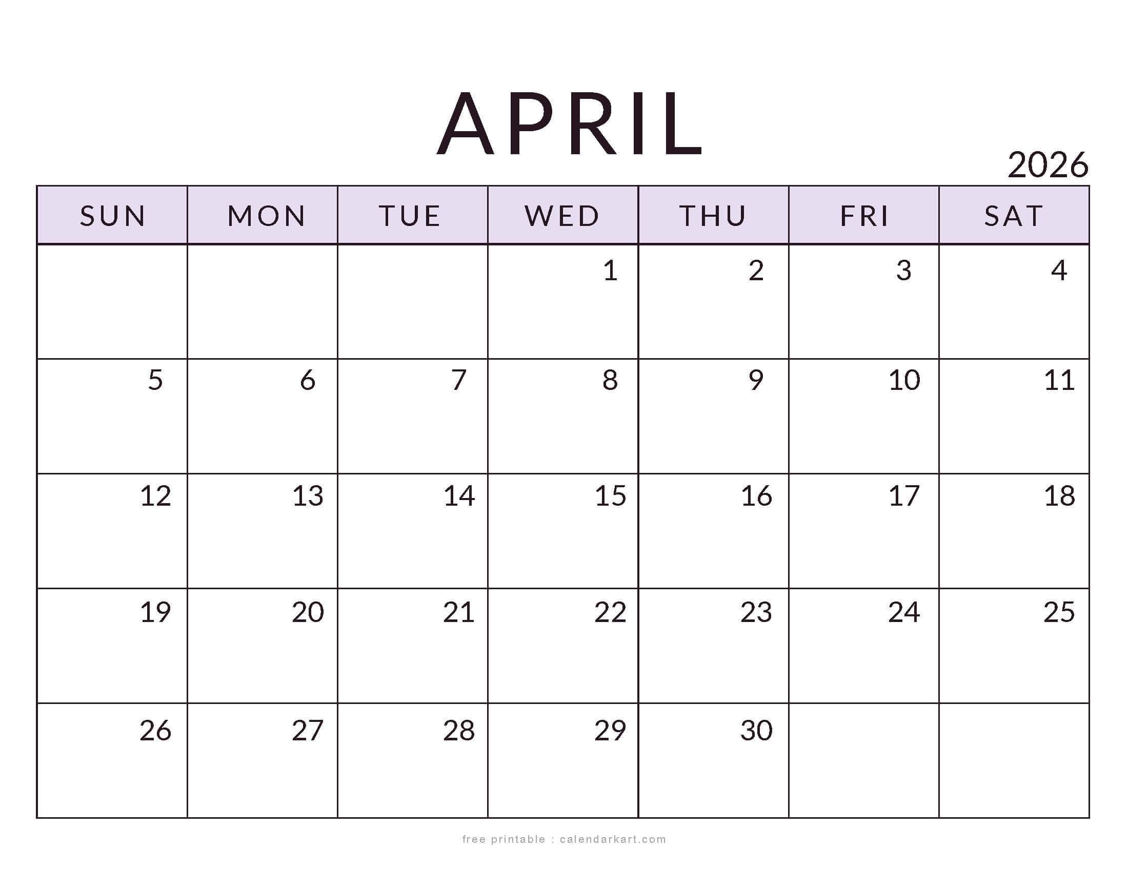 Free Printable April 2026 Calendars | Free Printable PDF