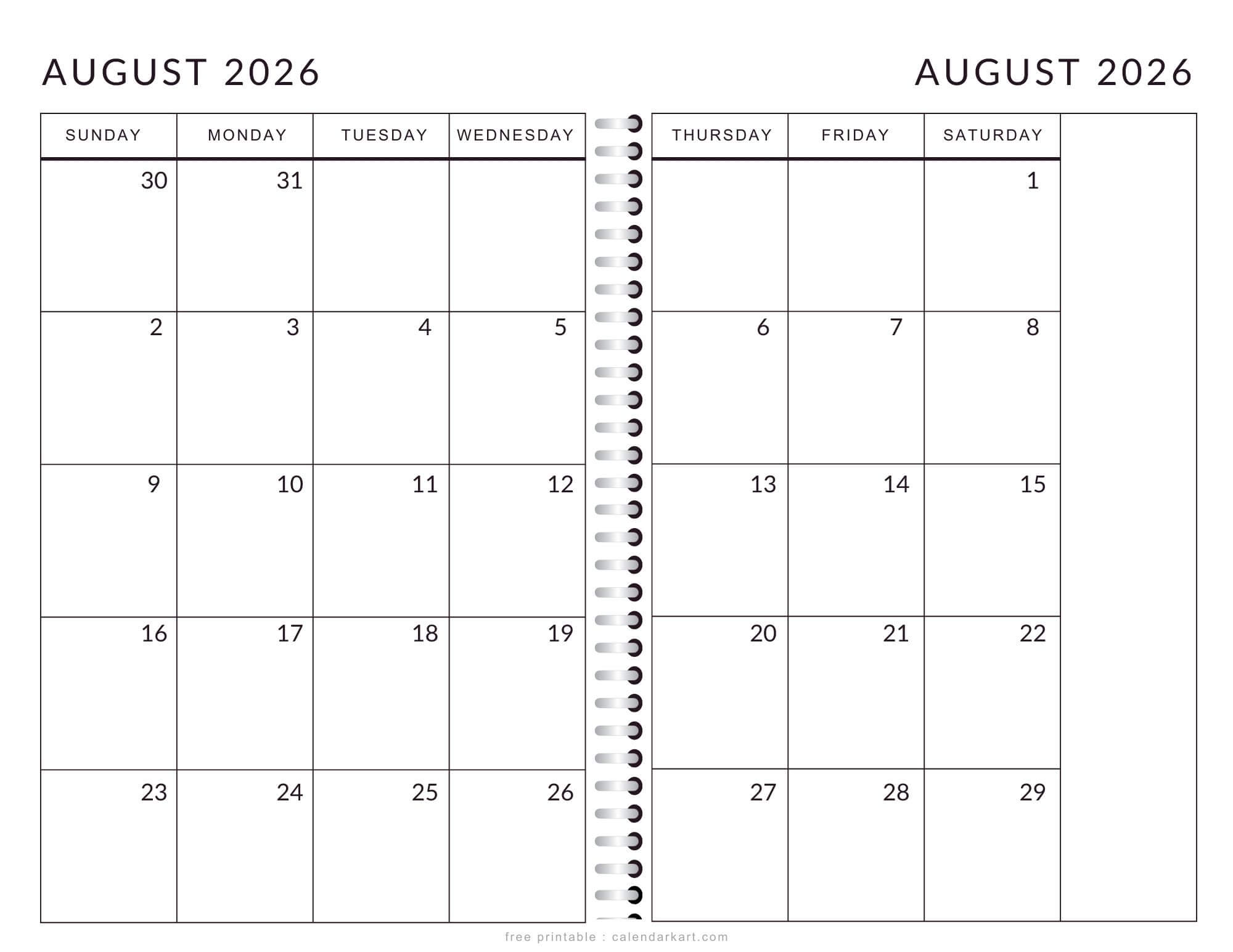 Printable August 2026 Calendar 2 Page Monthly