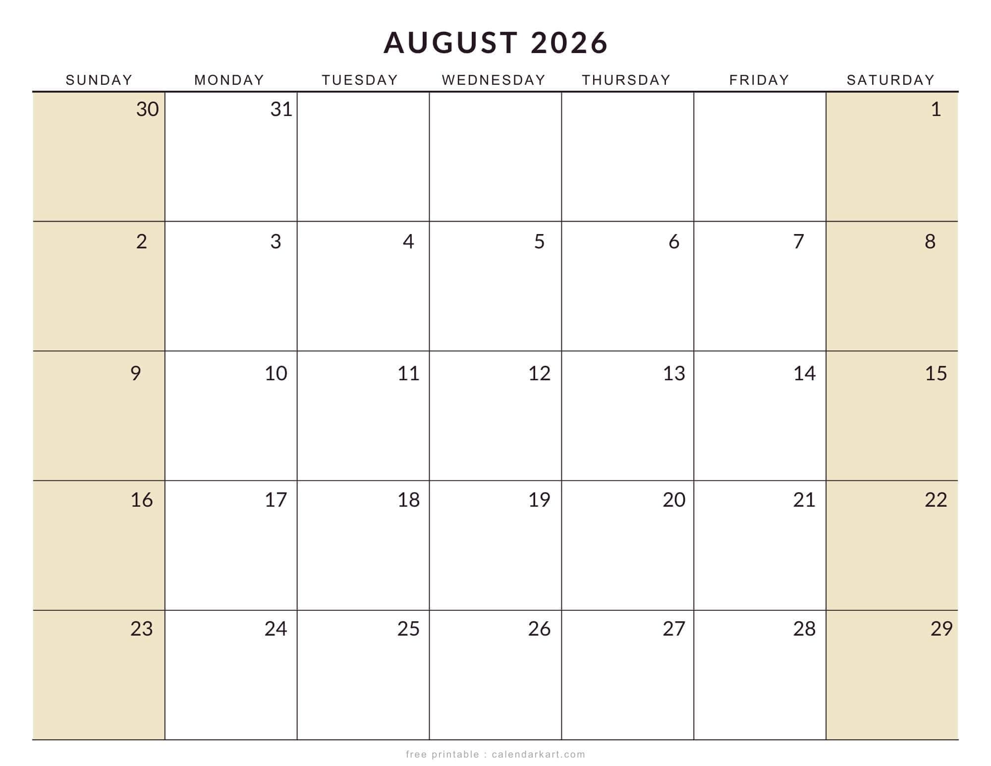 Printable August 2026 Calendar Large Size Soft Pastel