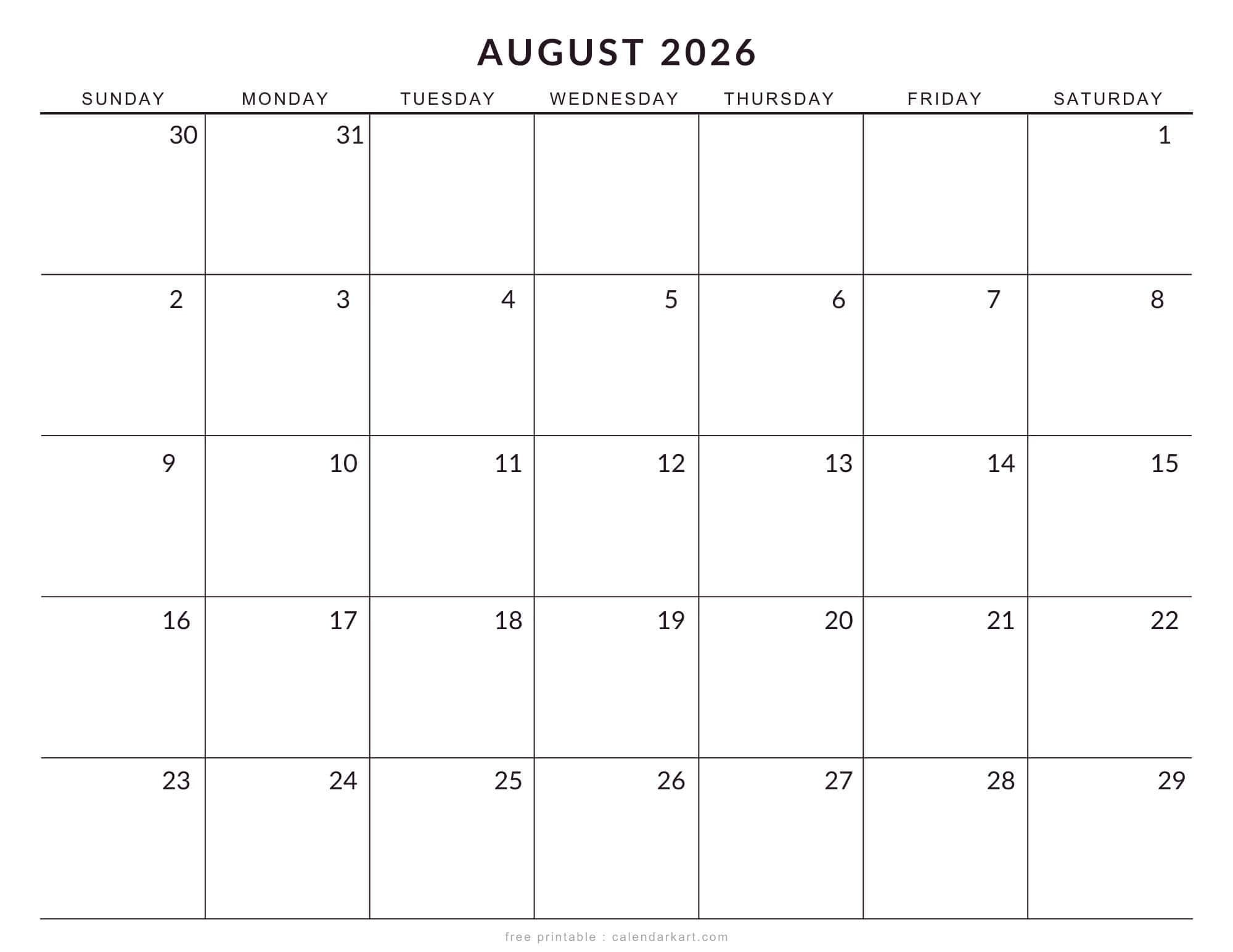 Printable August 2026 Calendar Large Size