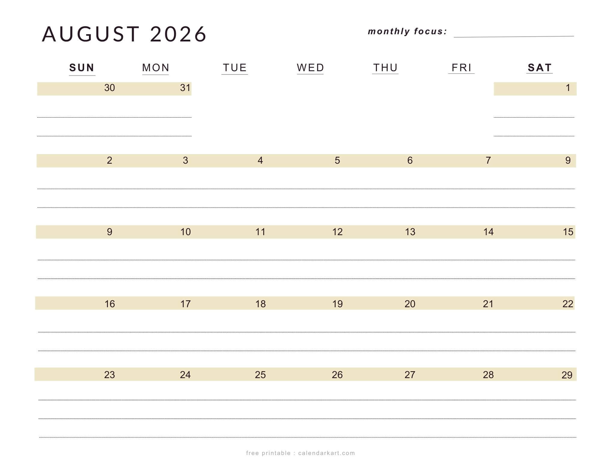 Printable August 2026 Calendar Lined soft Pastel