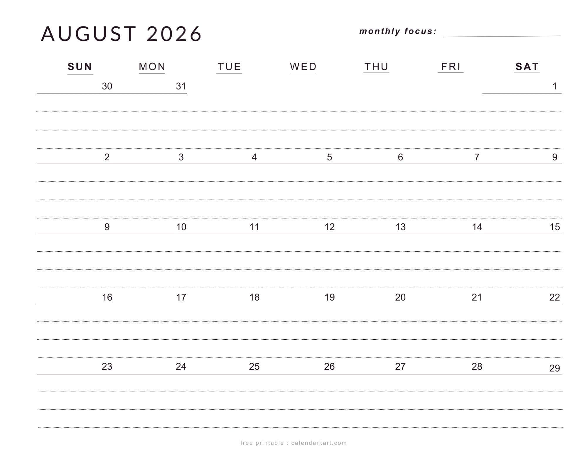august 2026 Calendar Templates - Free Printable PDFs ...