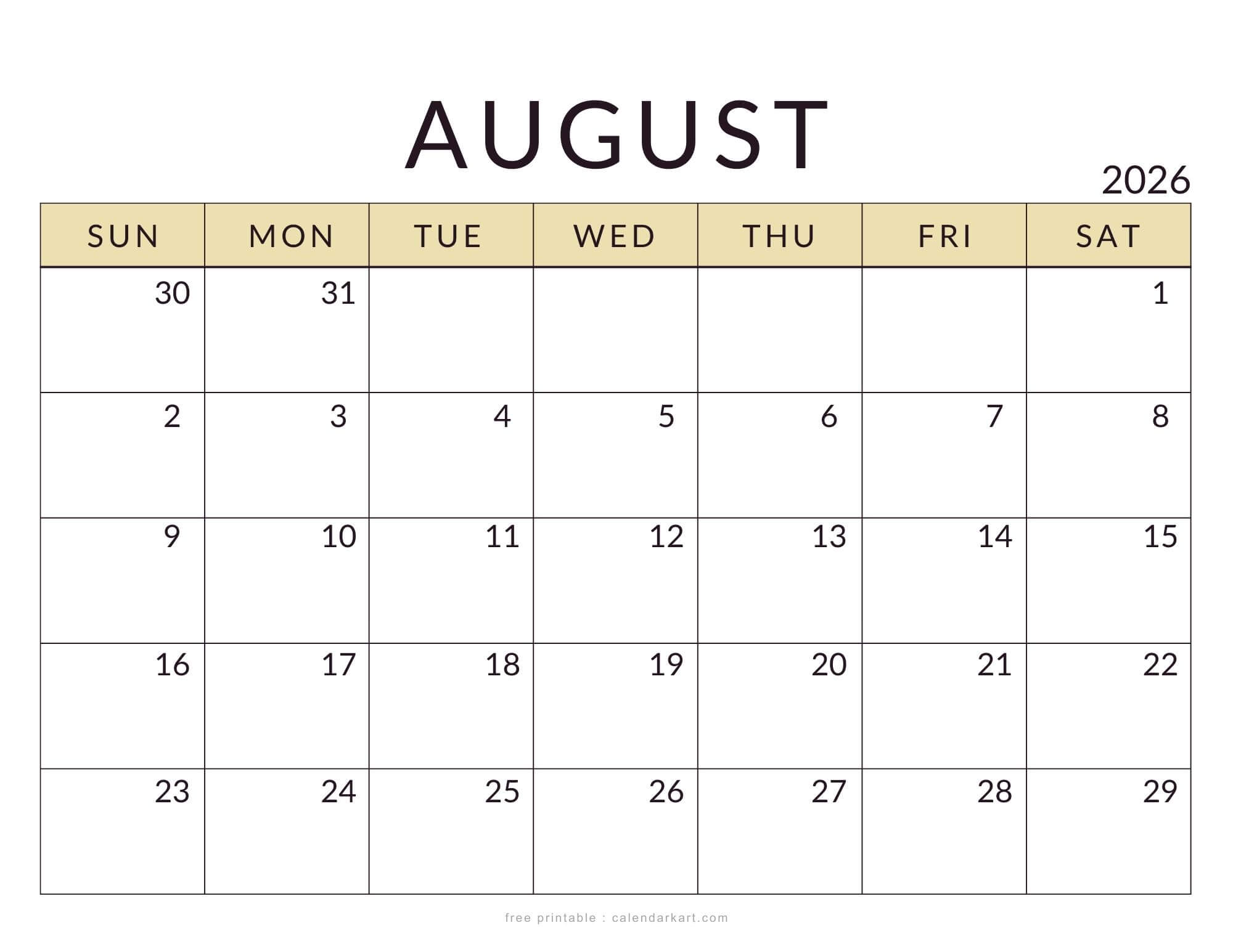 Printable August 2026 Calendar Minimal