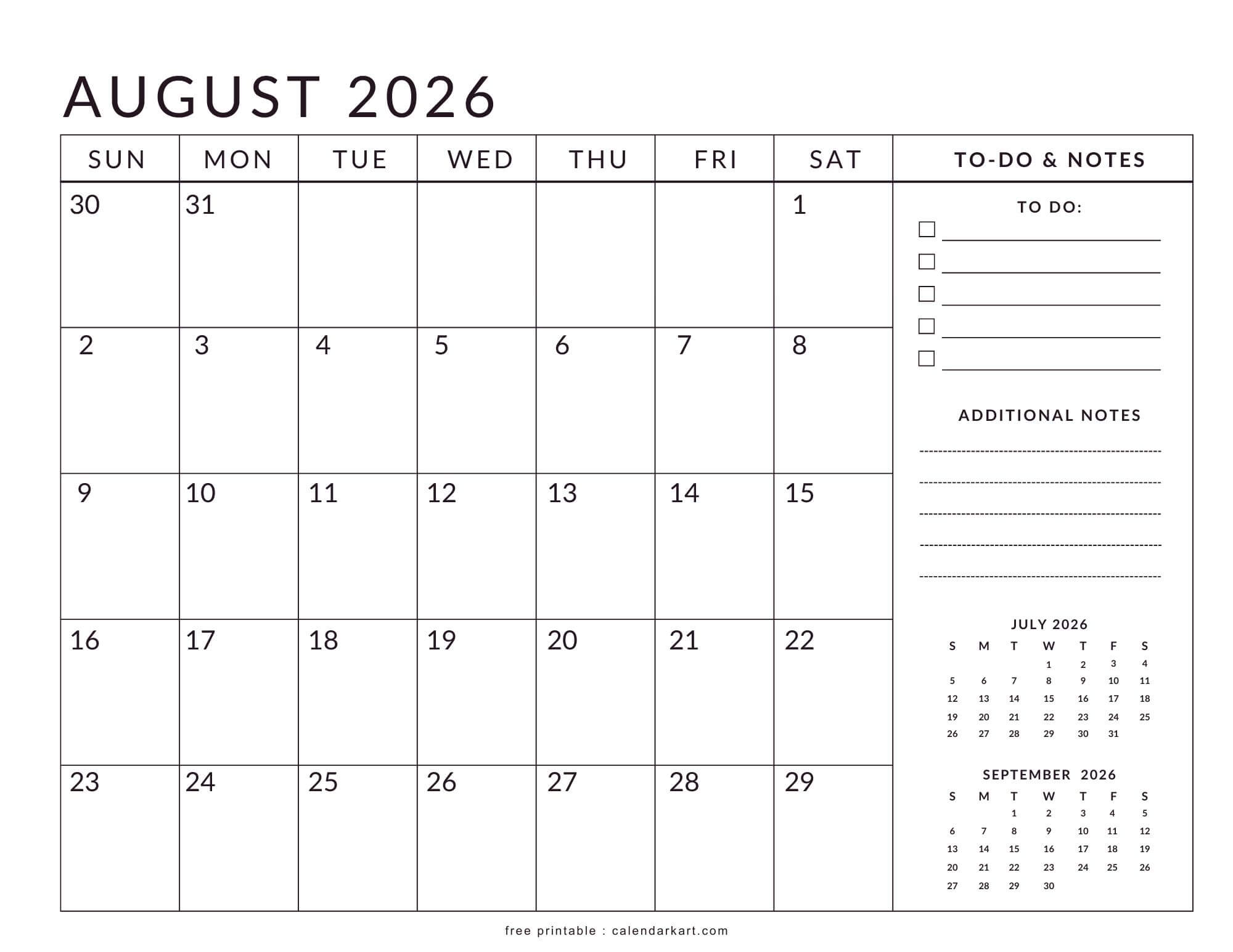 Printable August 2026 Calendar Planner