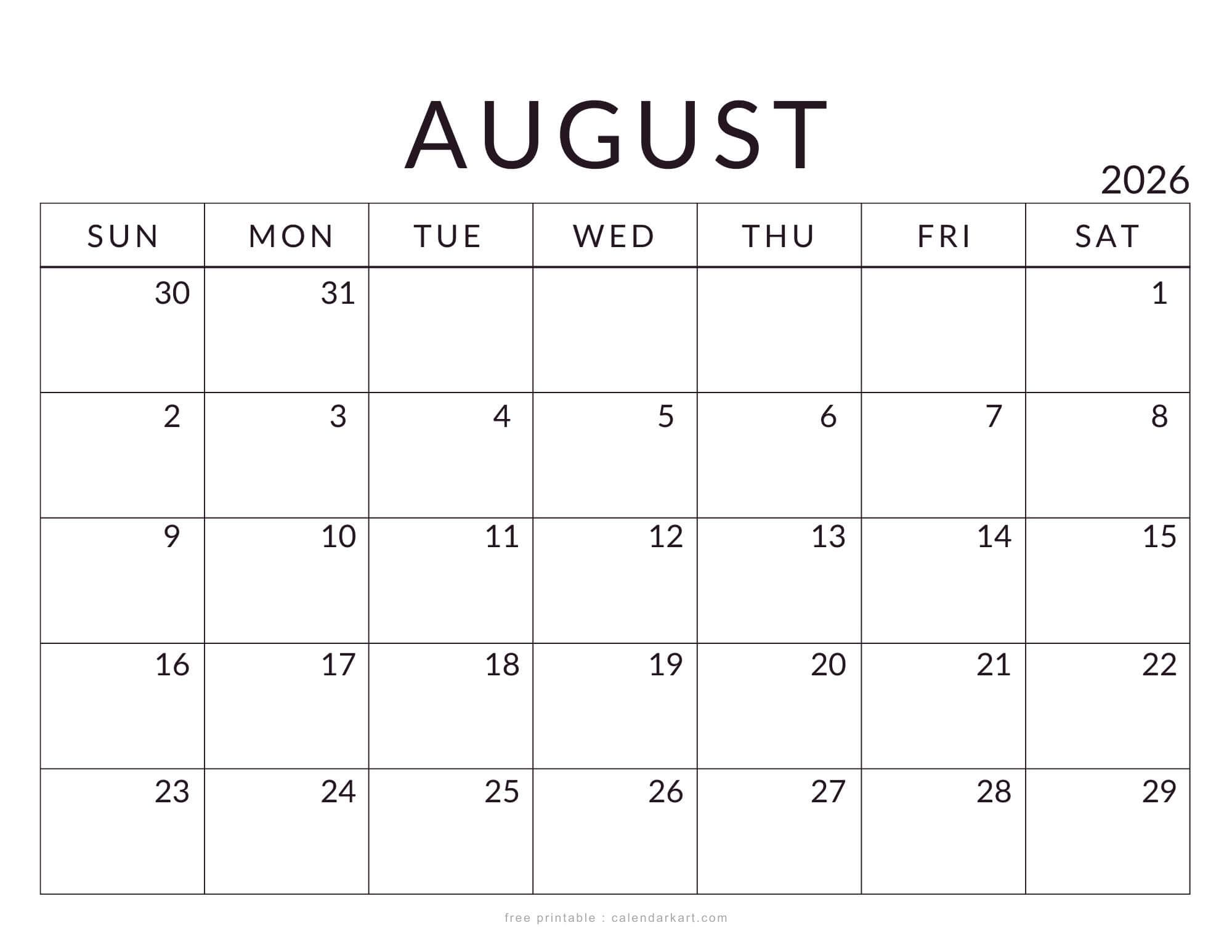 Printable August 2026 Calendar Standard
