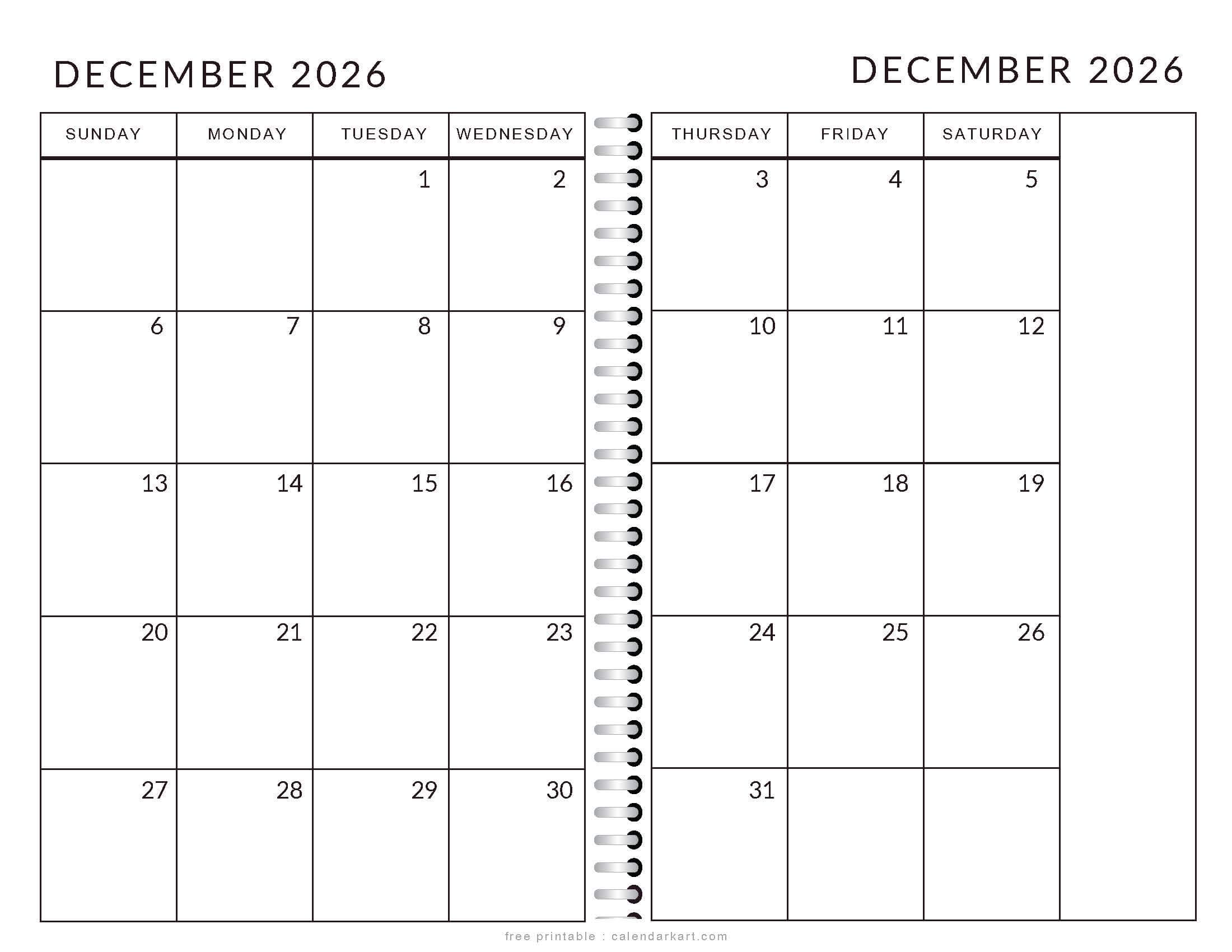 Printable December 2026 Calendar 2 Page Monthly