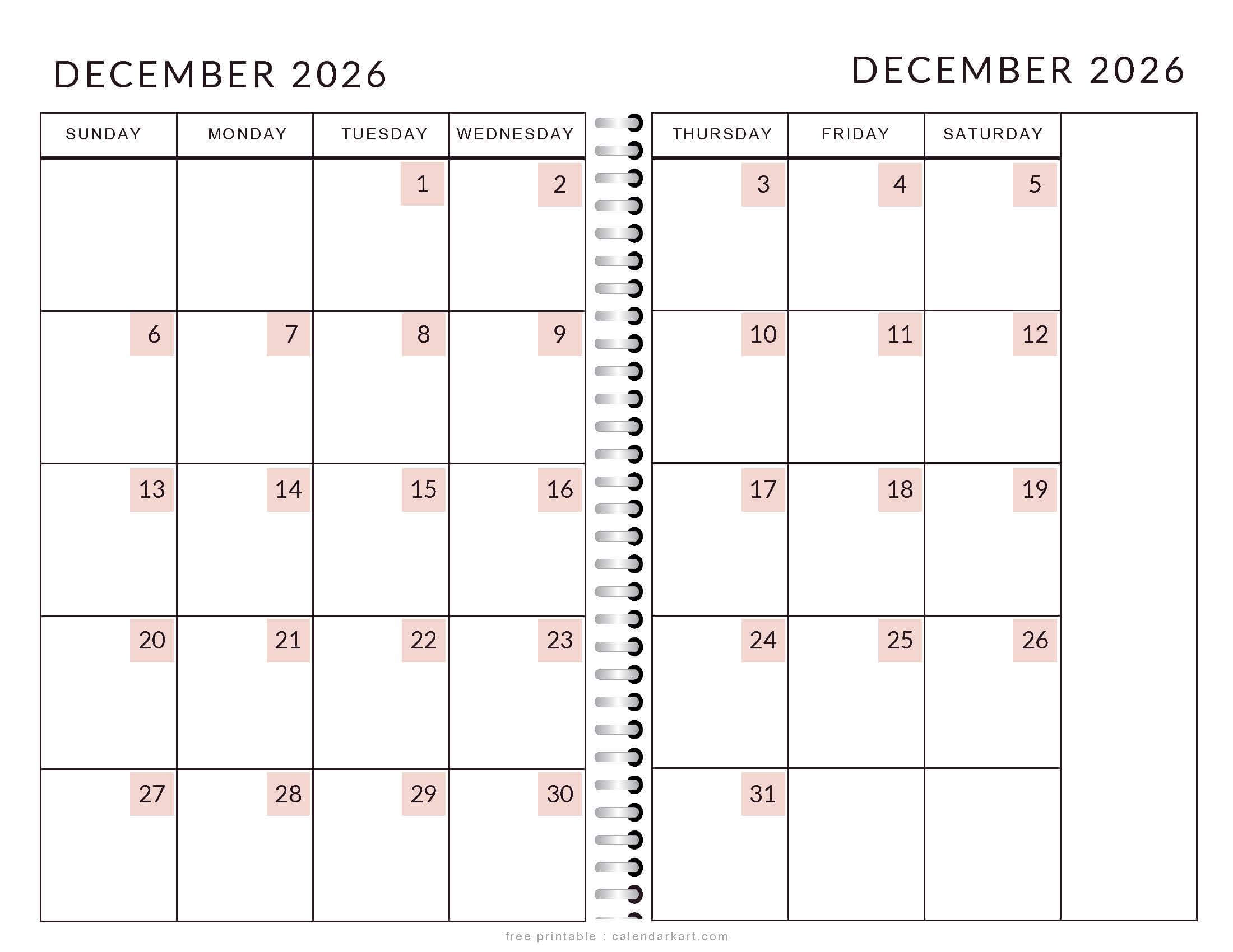 Printable December 2026 Calendar 2 Page Soft Pastel