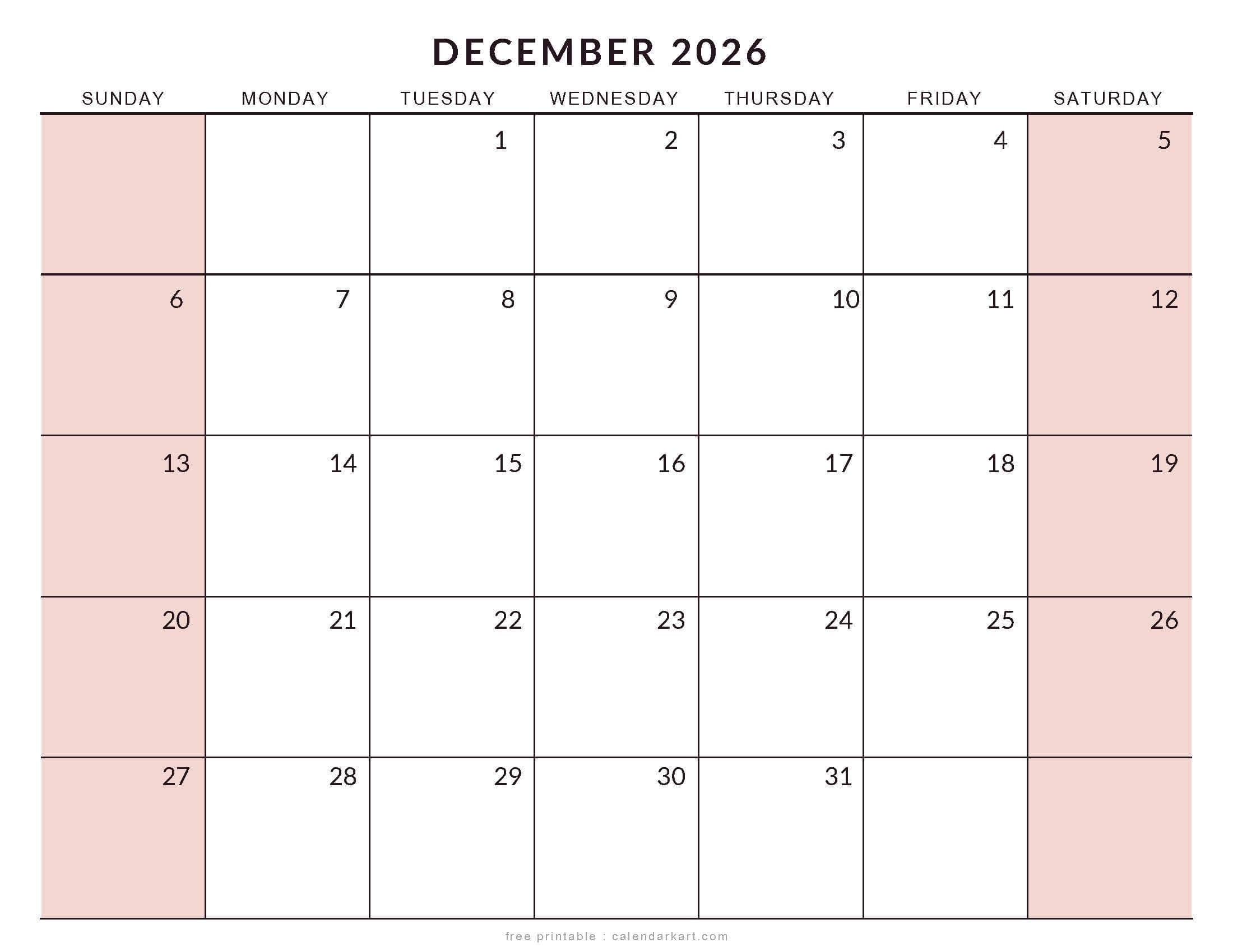 Printable December 2026 Calendar Large Size Soft Pastel