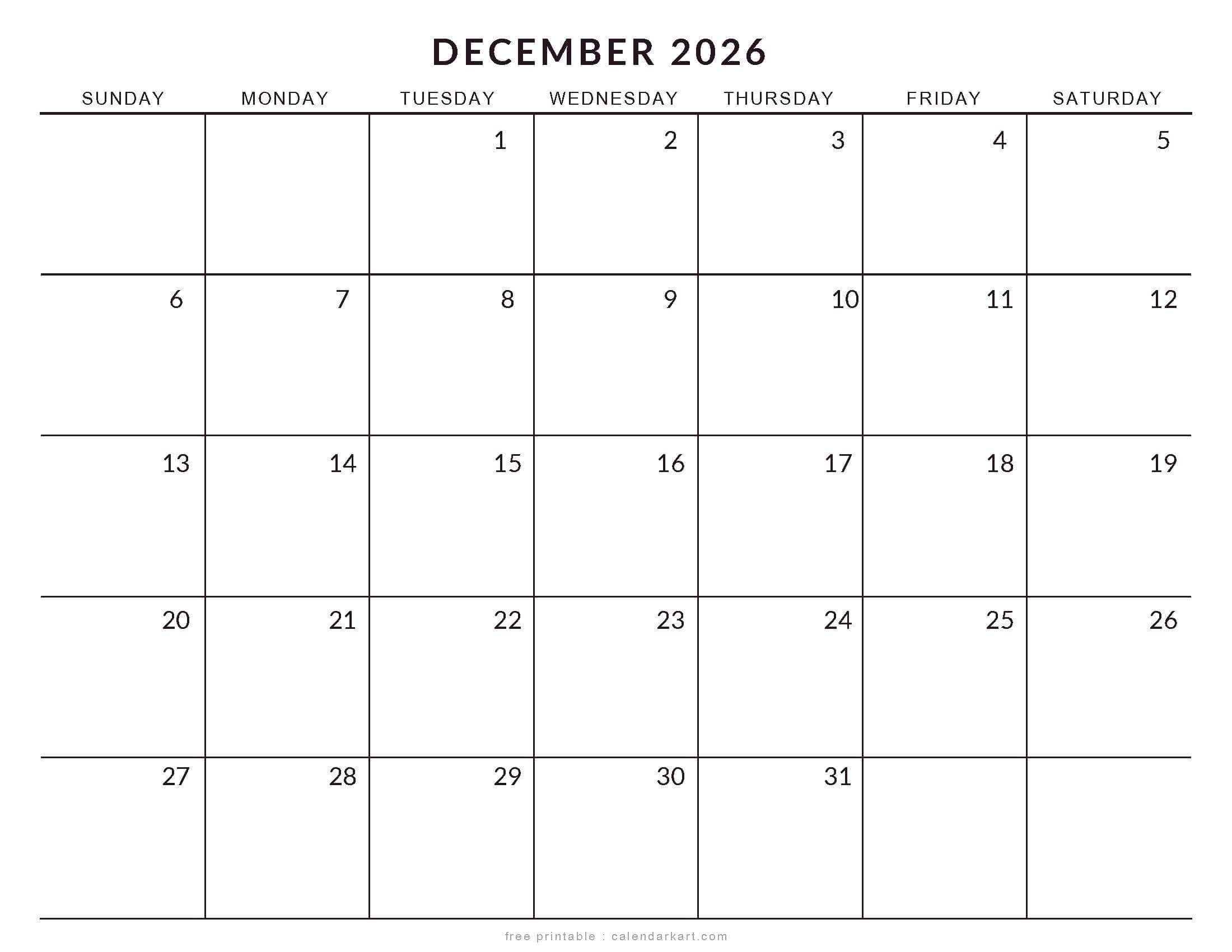 Printable December 2026 Calendar Large Size