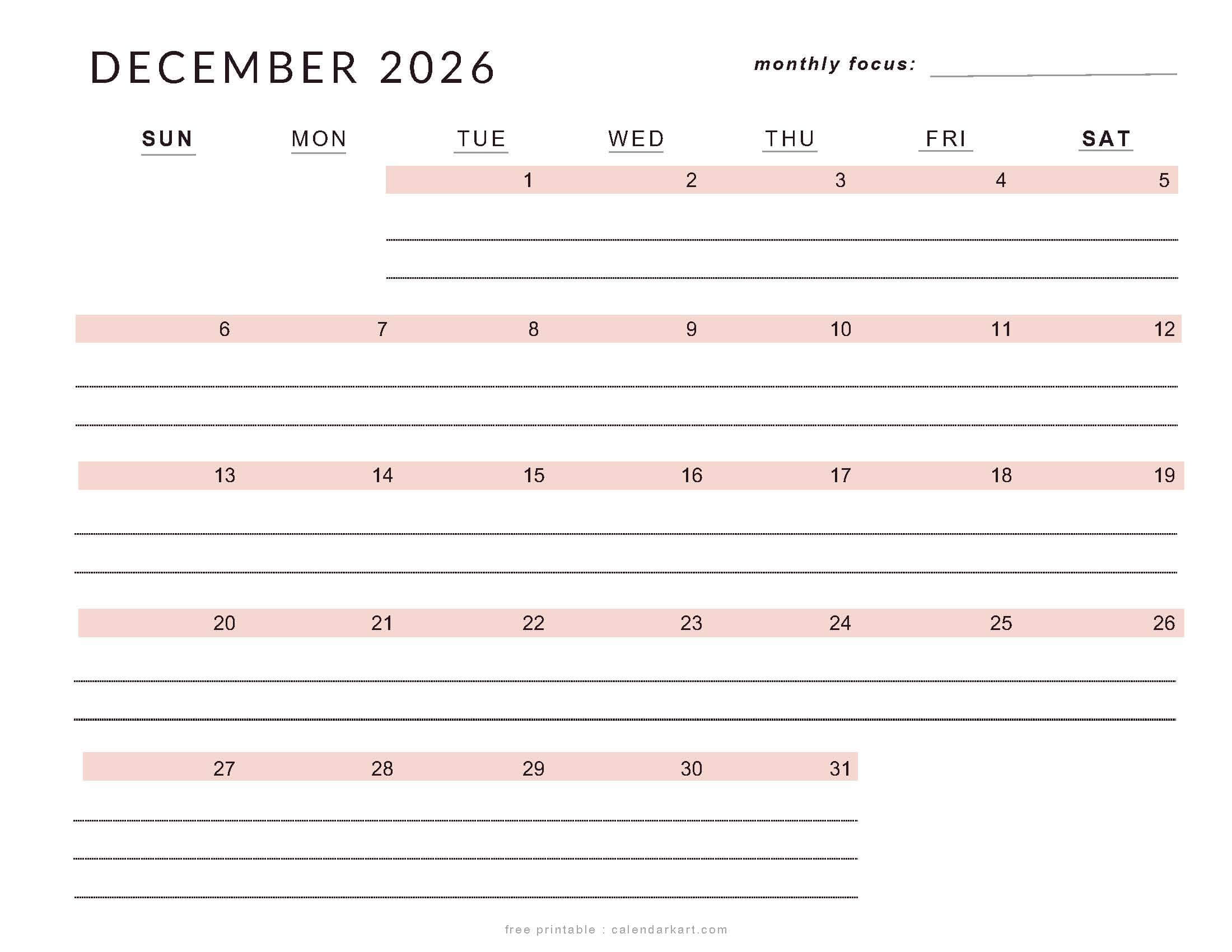 Printable December 2026 Calendar Lined soft Pastel