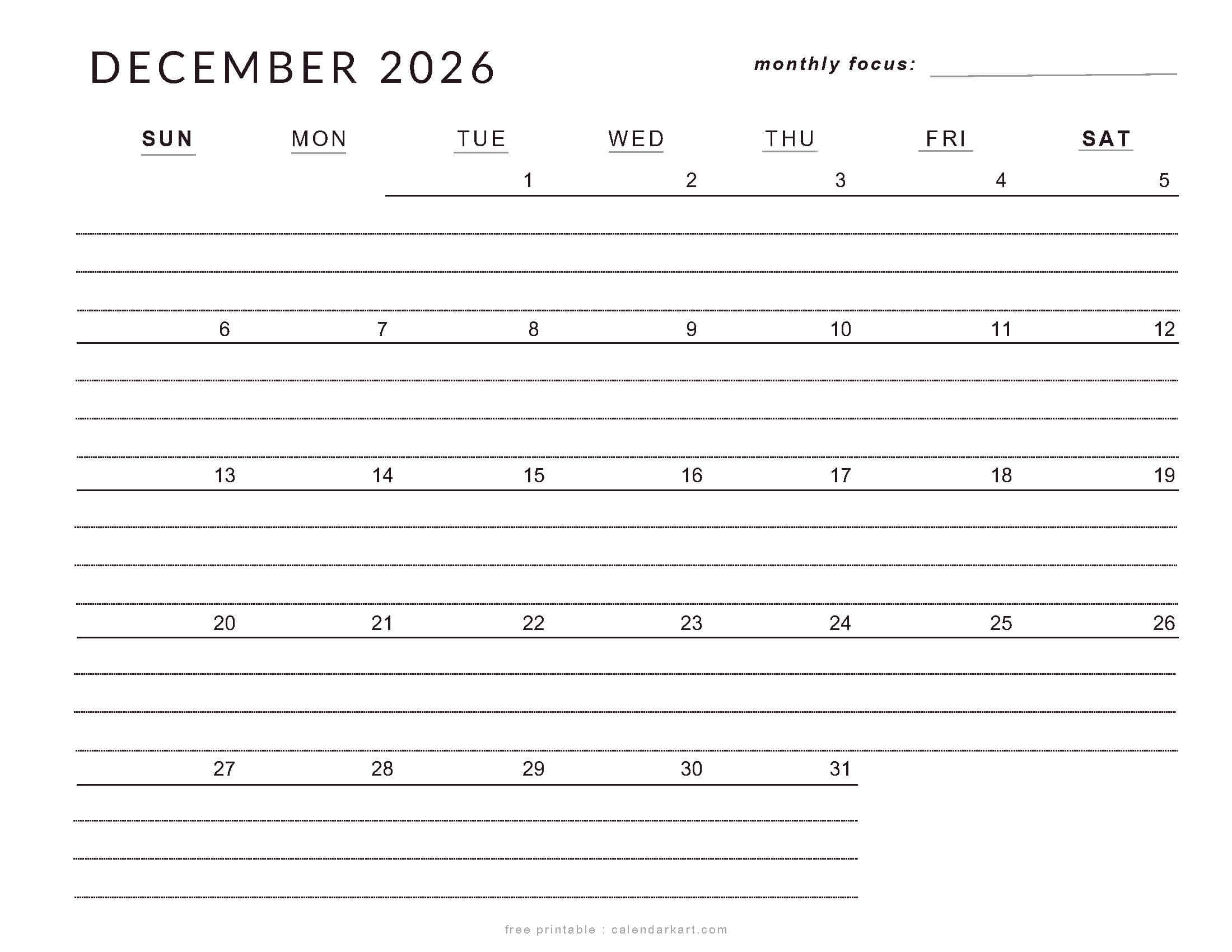 Printable December 2026 Calendar Lined