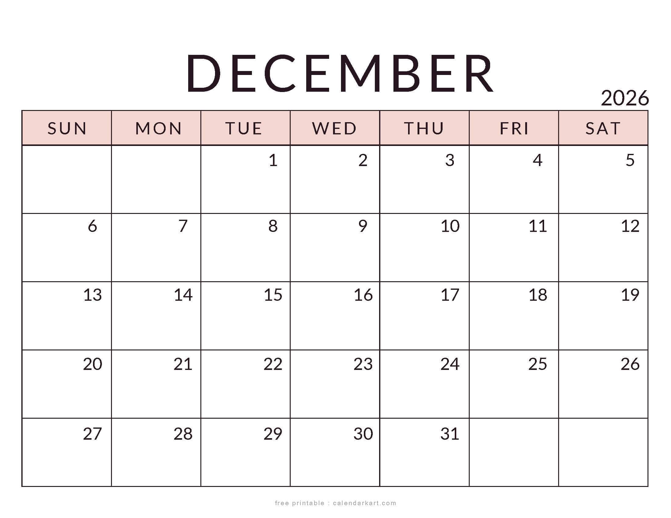 Printable December 2026 Calendar Minimal