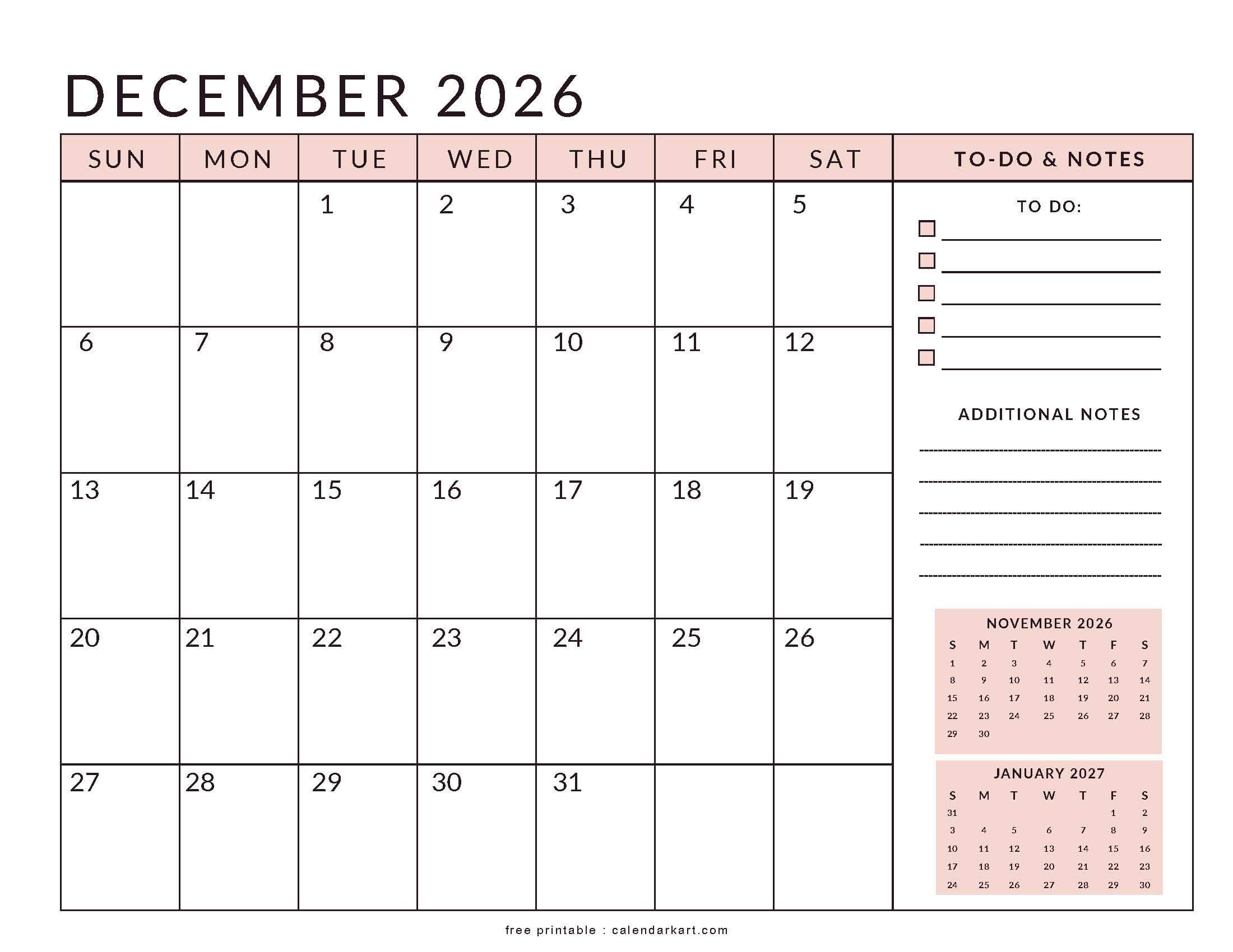 Printable December 2026 Calendar Planner Soft Pastel