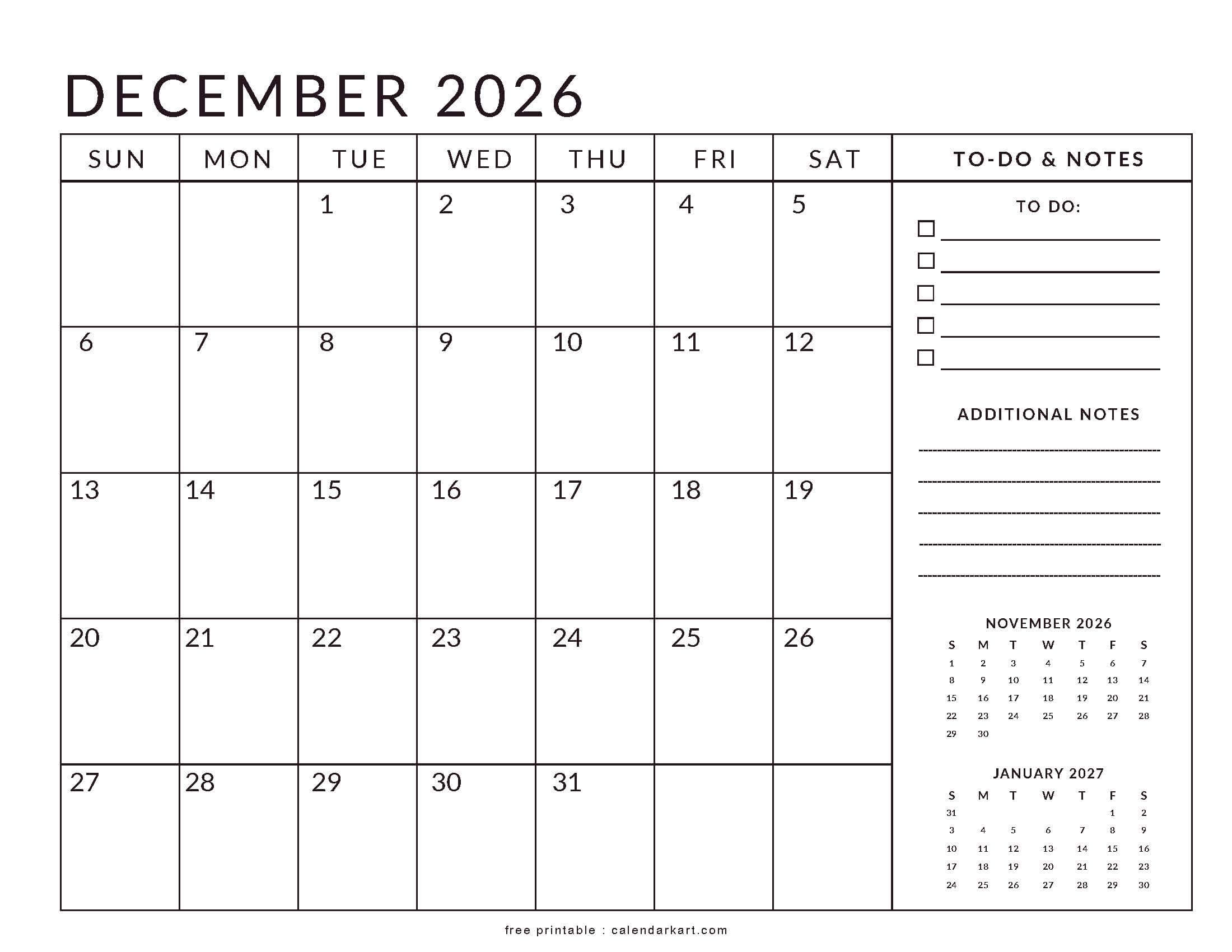 Printable December 2026 Calendar Planner