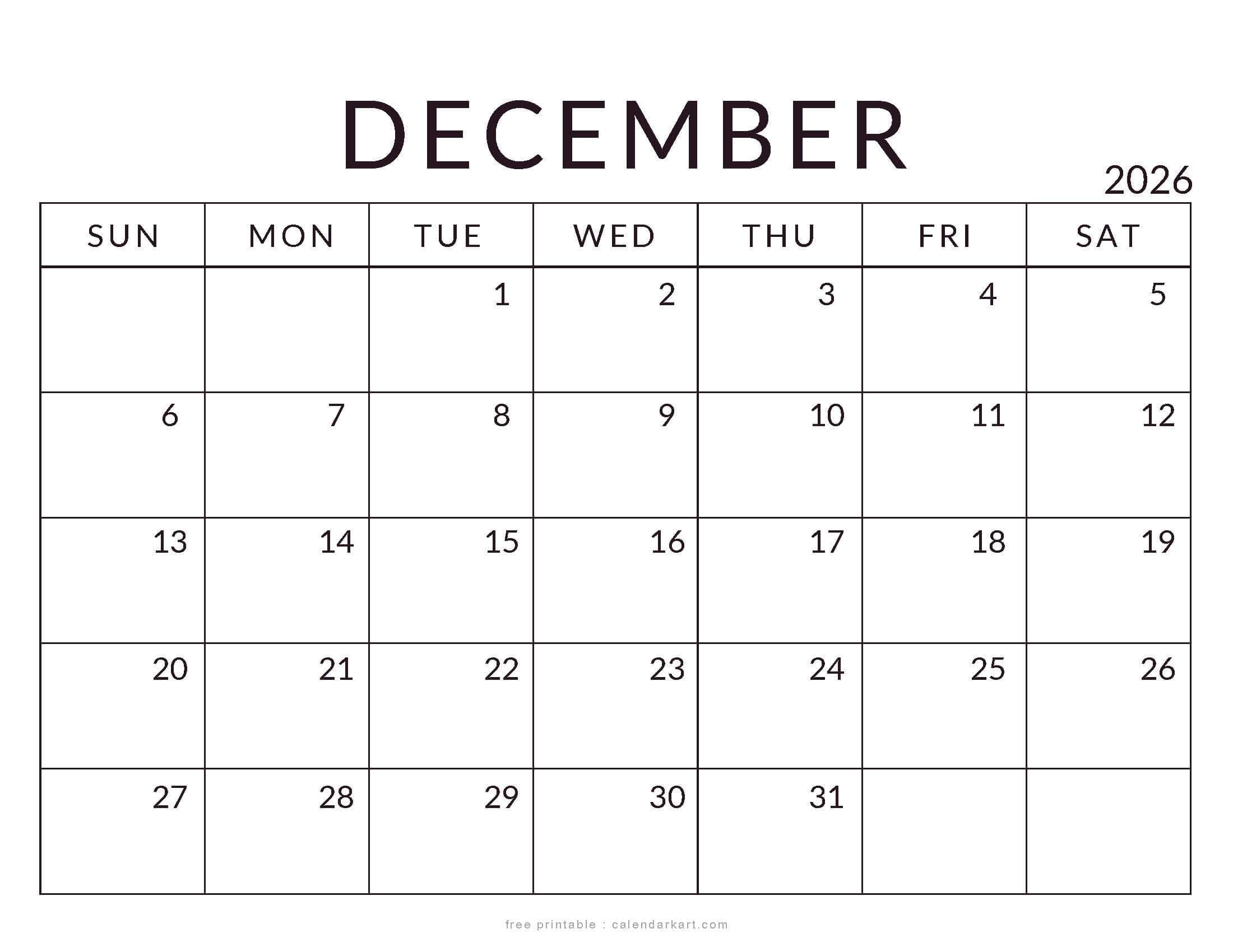 Printable December 2026 Calendar Standard