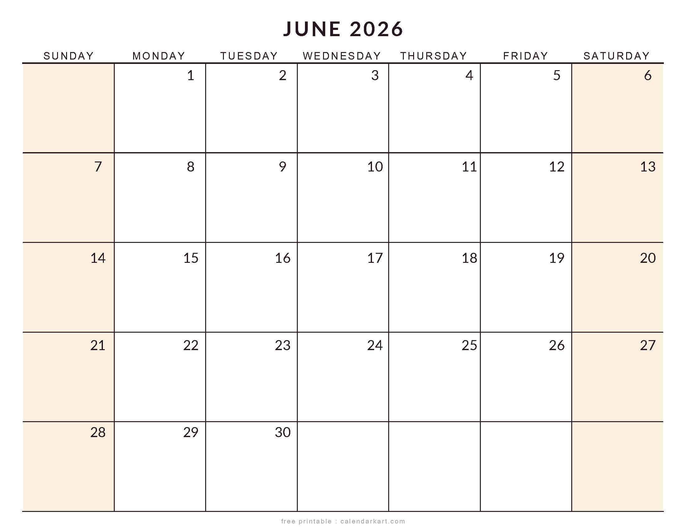 Printable June 2026 Calendar Large Size Soft Pastel