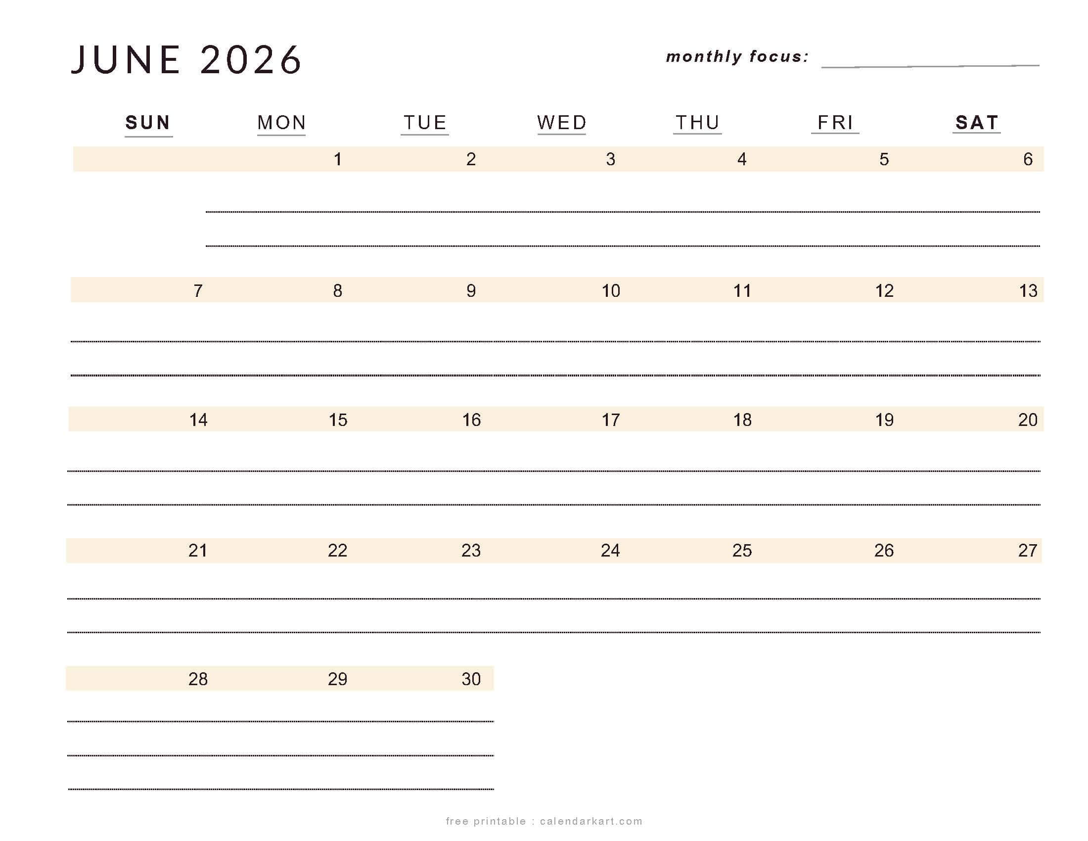 Printable June 2026 Calendar Lined Soft Pastel