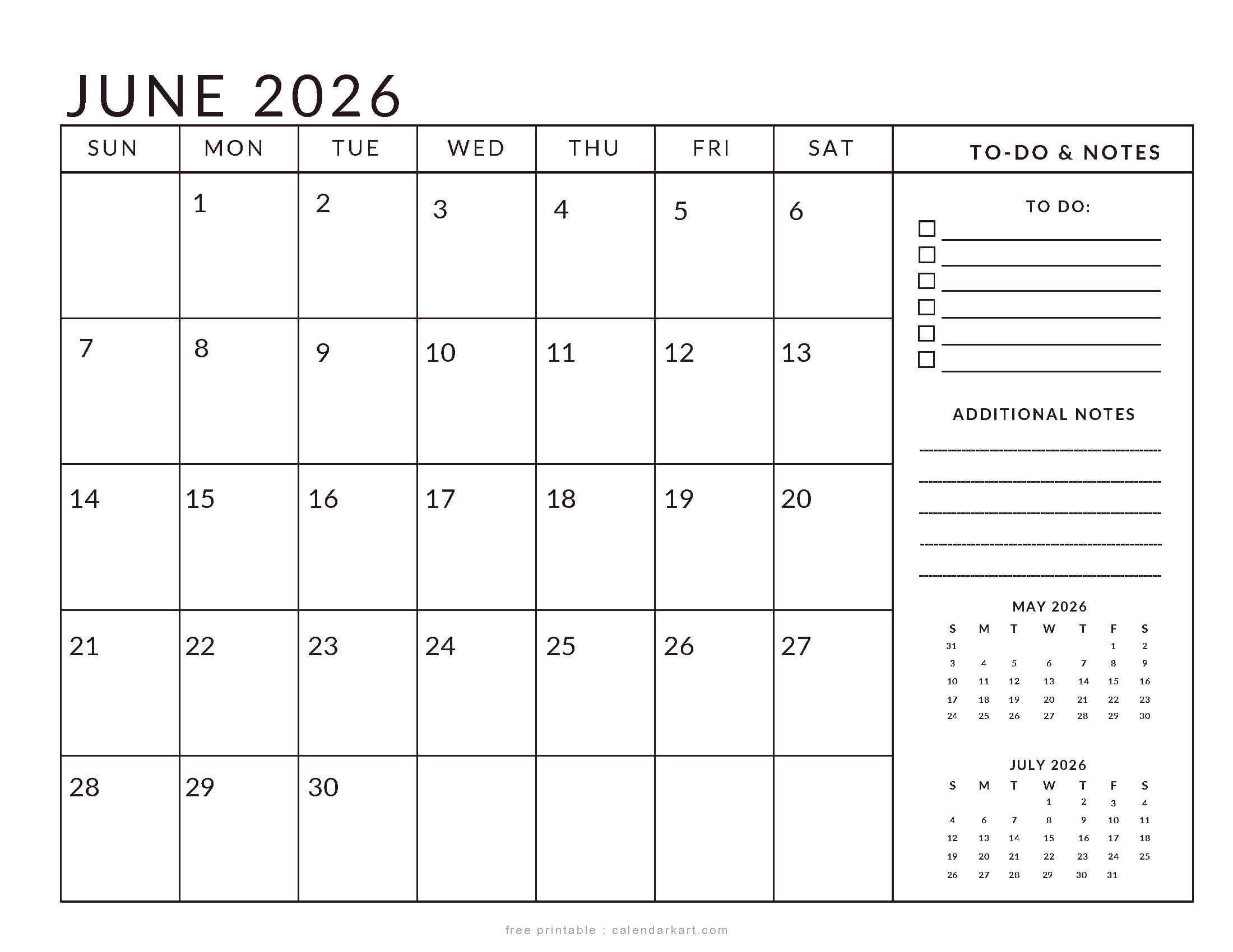 Printable June 2026 Calendar Planner