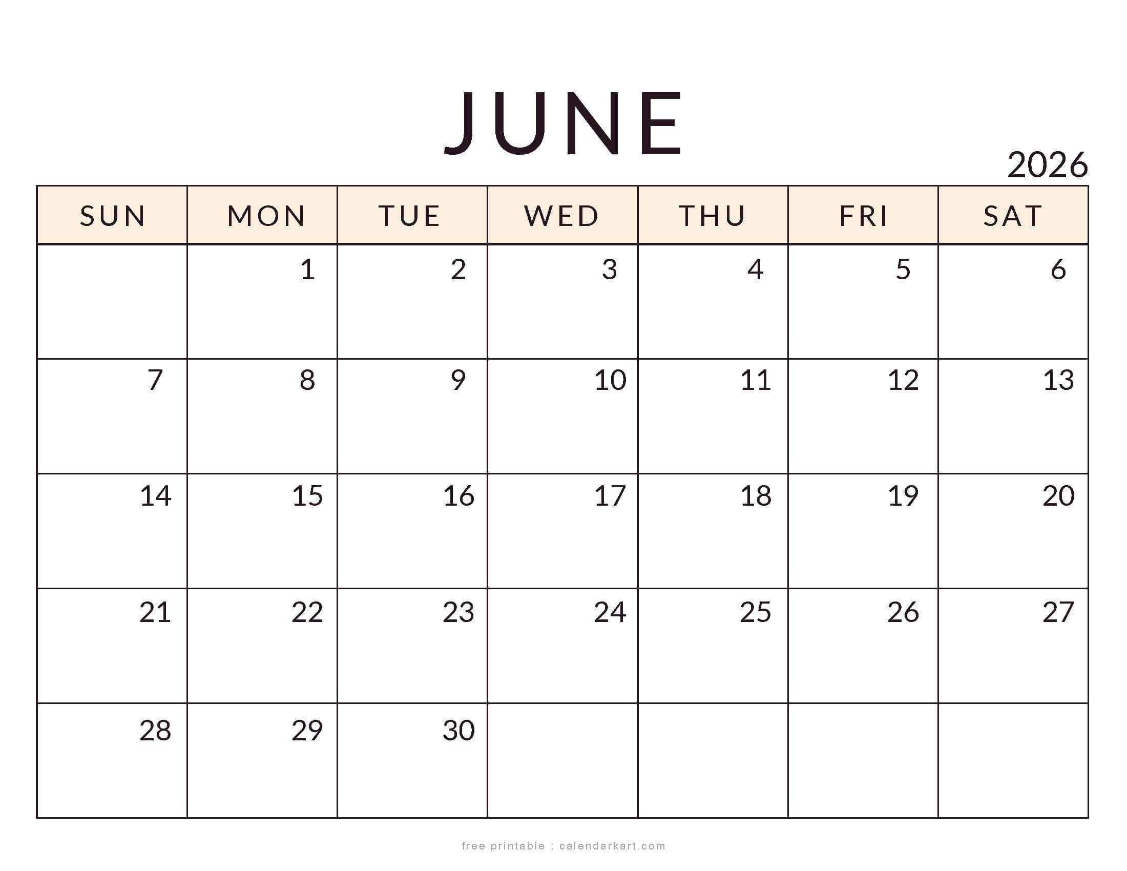 Printable June 2026 Calendar Standard Soft Pastel