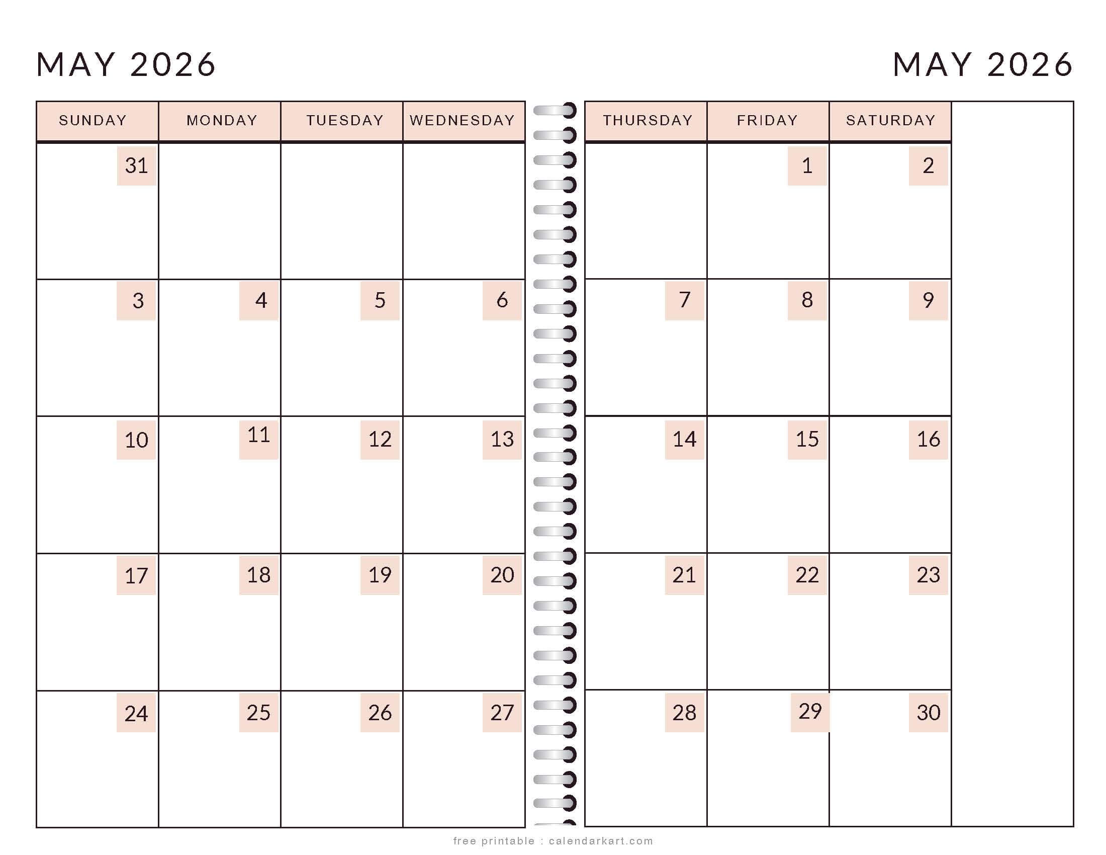 Printable May 2026 Calendar 2 Page Soft Pastel