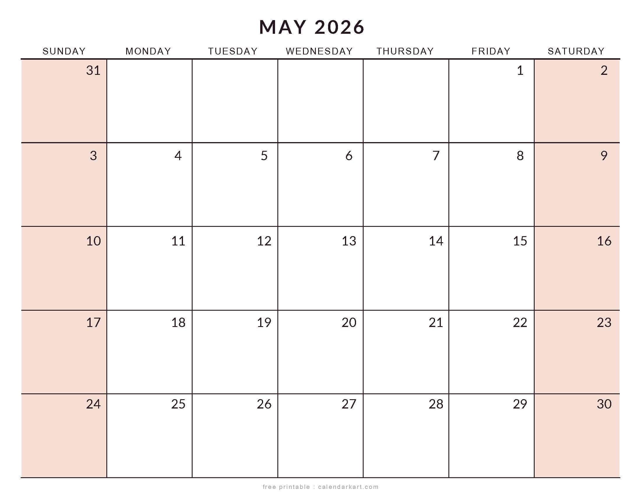 Printable May 2026 Calendar Large Sized Soft Pastel