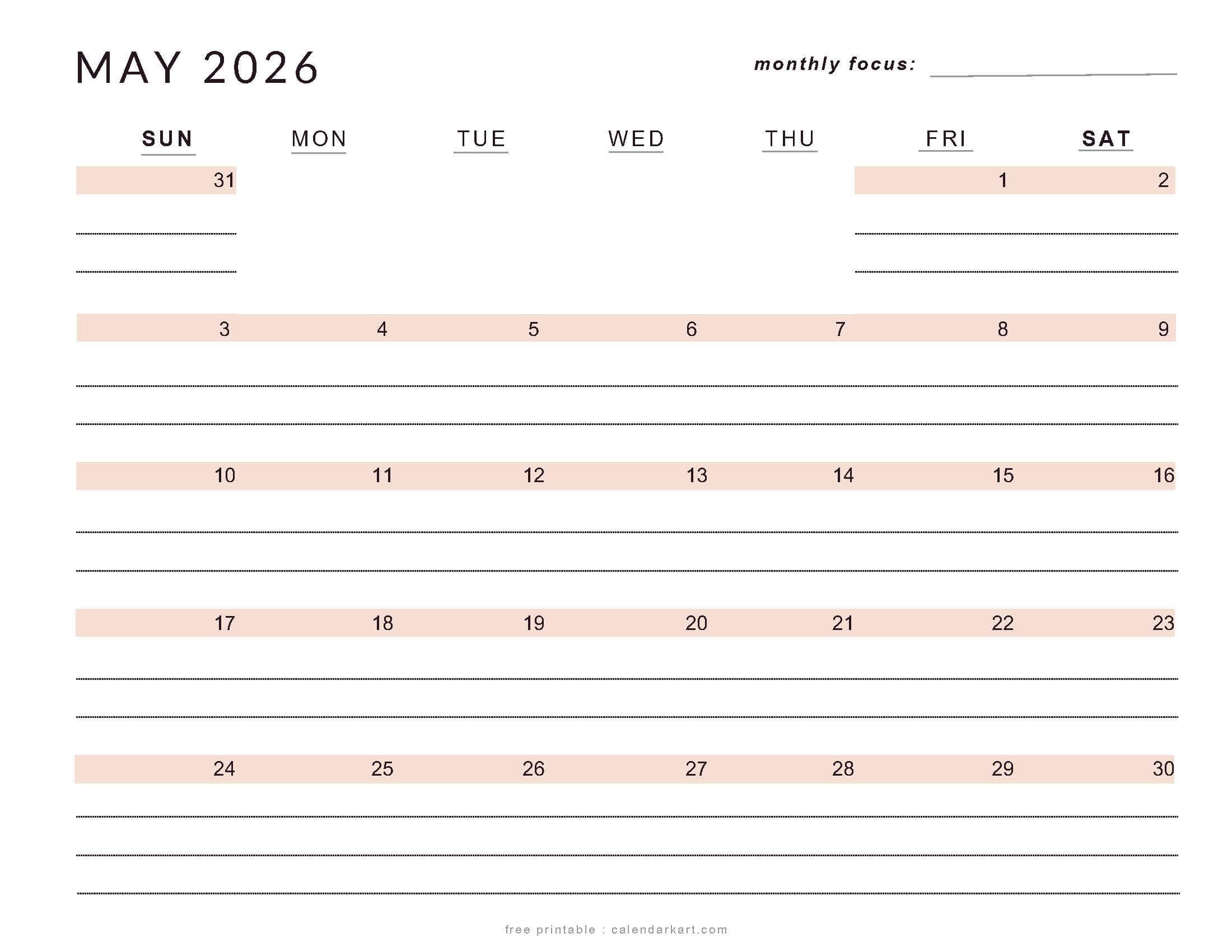 Printable May 2026 Calendar Lined Soft Pastel