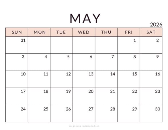 Printable May 2026 Calendar Standard Soft Pastel