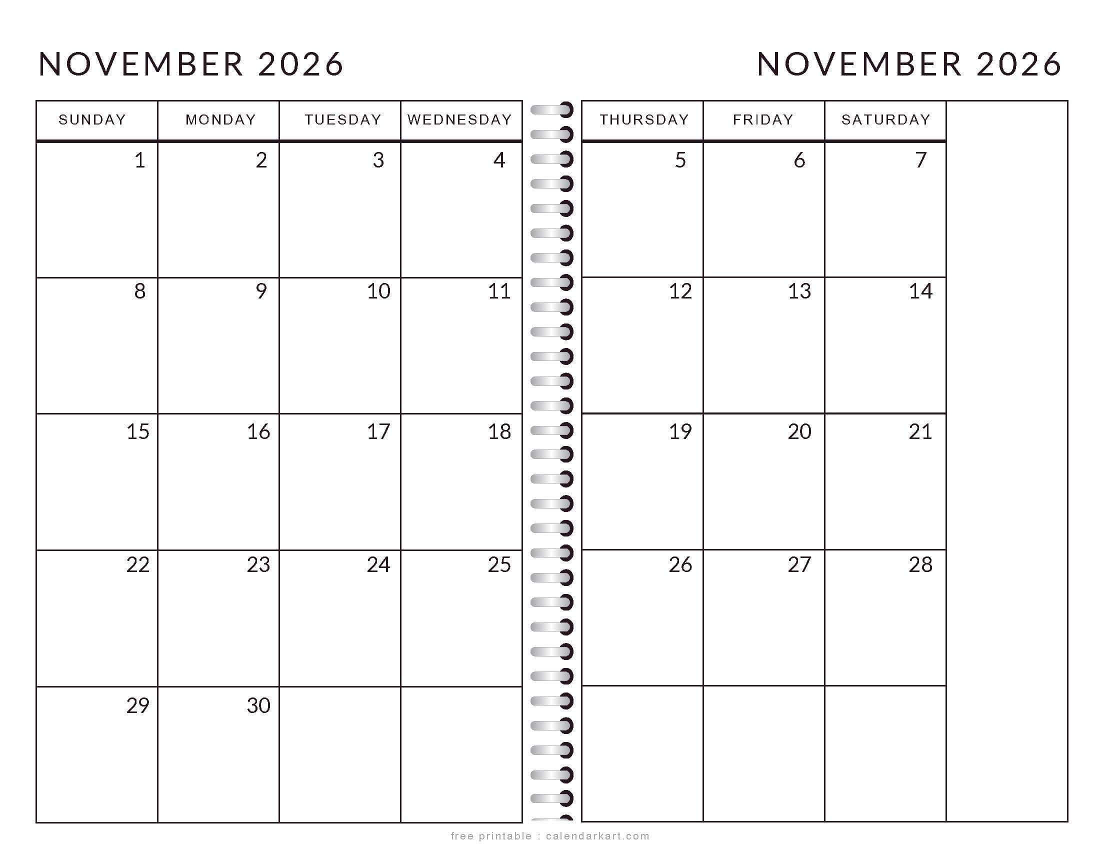 Printable November 2026 Calendar 2 Page Monthly