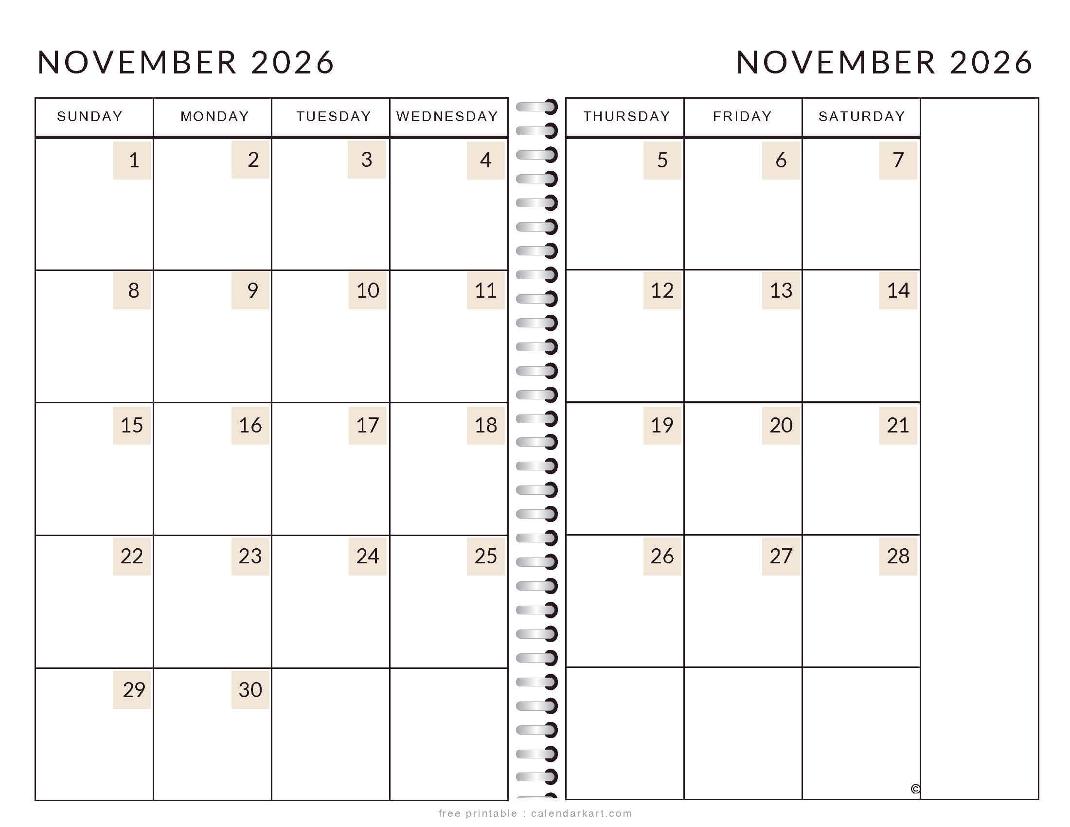 Printable November 2026 Calendar 2 Page Soft Pastel