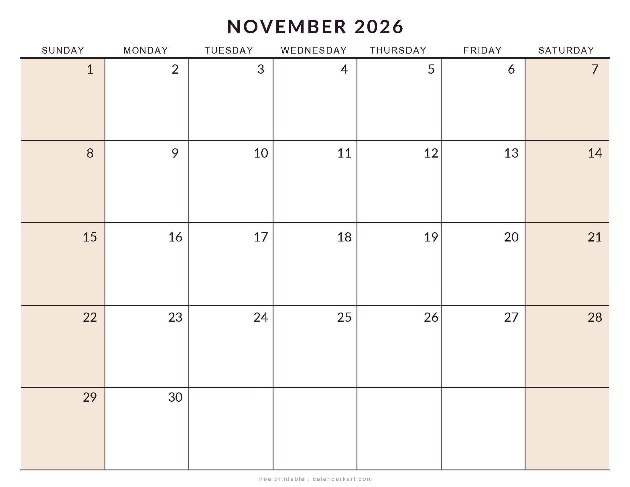 Printable November 2026 Calendar Large Size Soft Pastel
