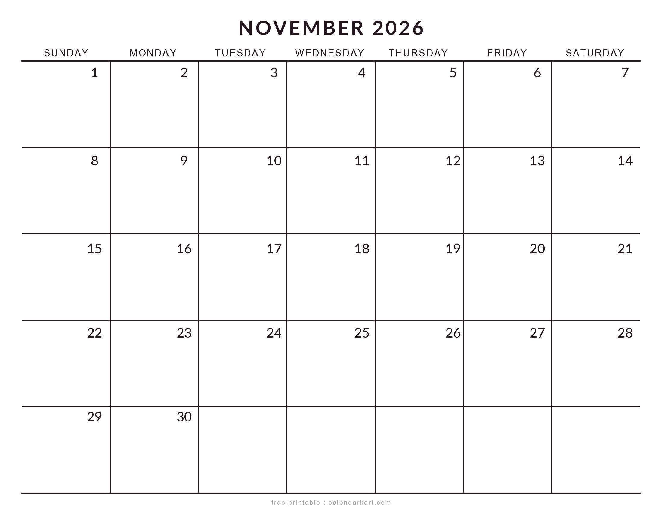 Printable November 2026 Calendar Large Size