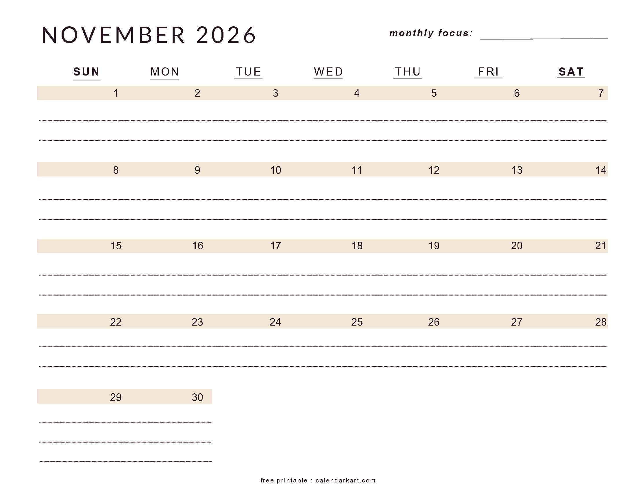 Printable November 2026 Calendar Lined soft Pastel