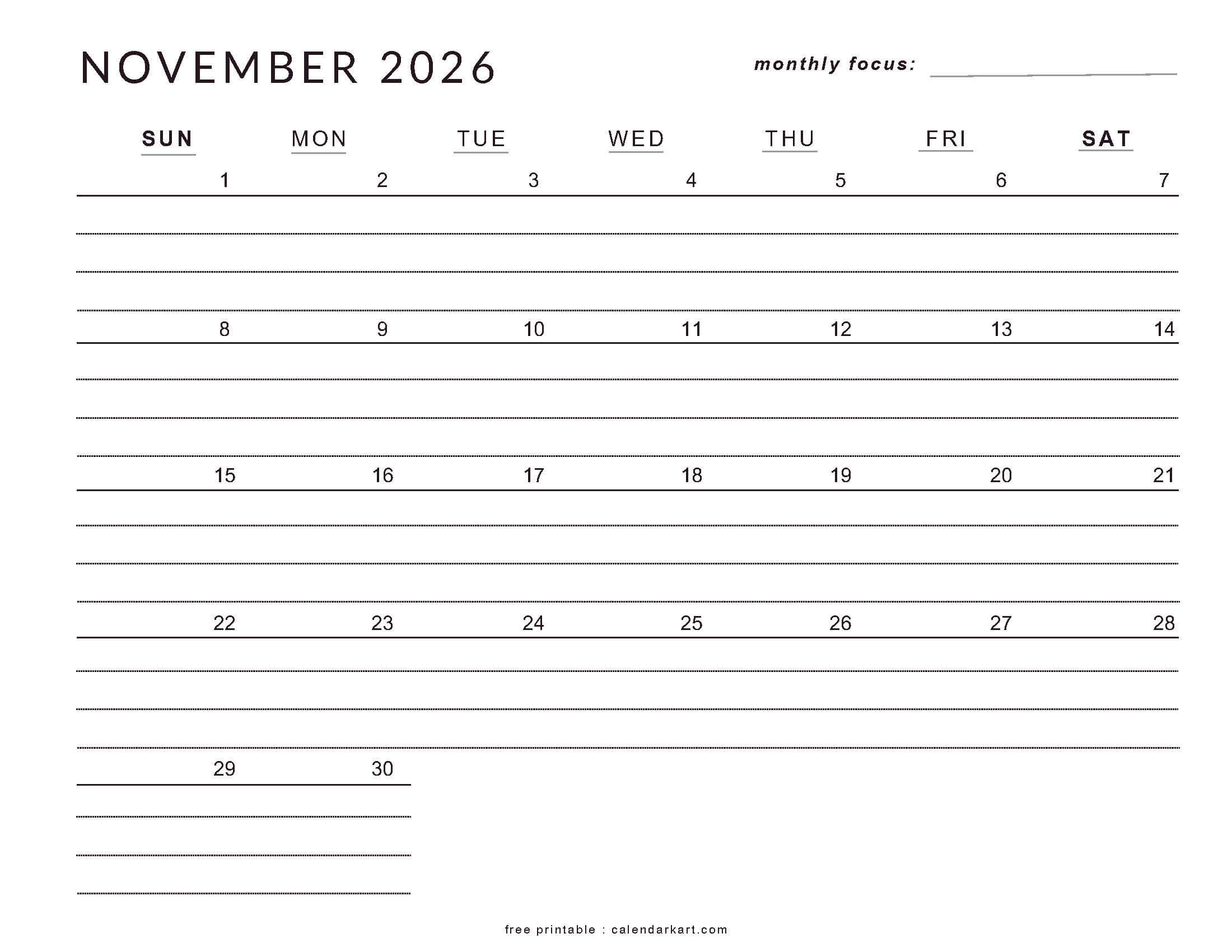 Printable November 2026 Calendar Lined
