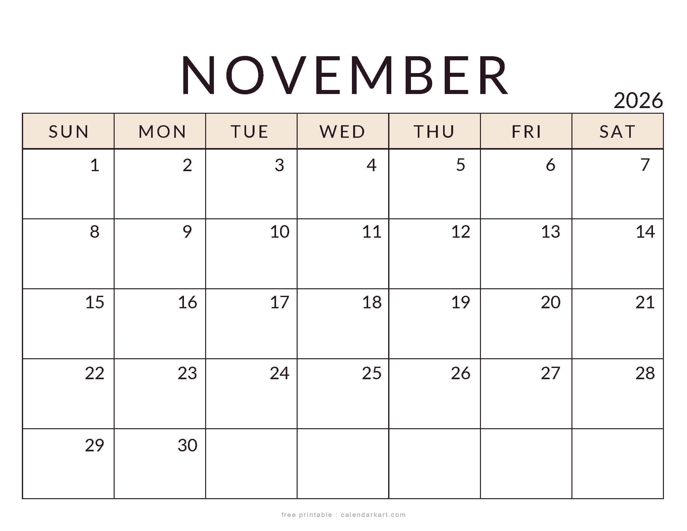 Printable November 2026 Calendar Minimal
