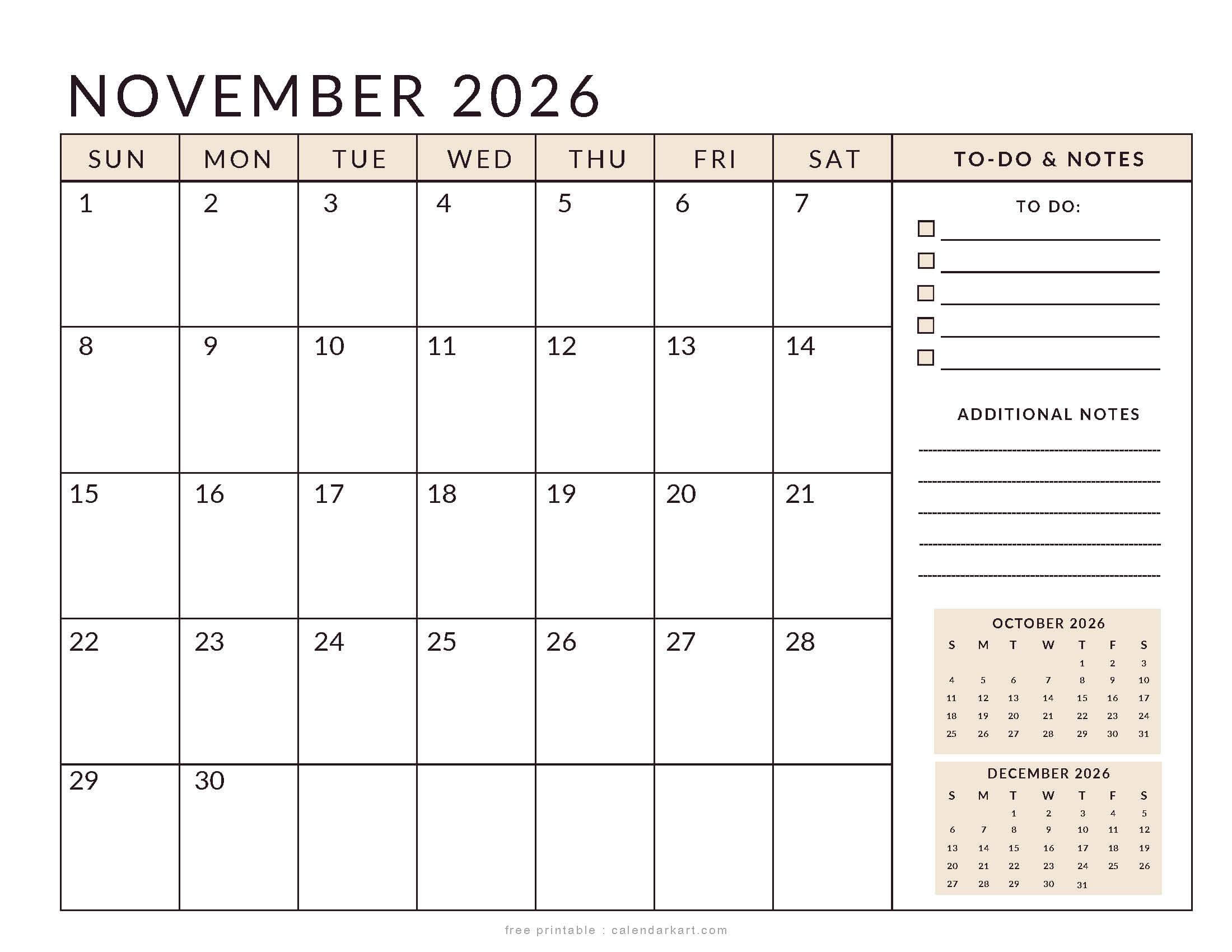 Printable November 2026 Calendar Planner Soft Pastel