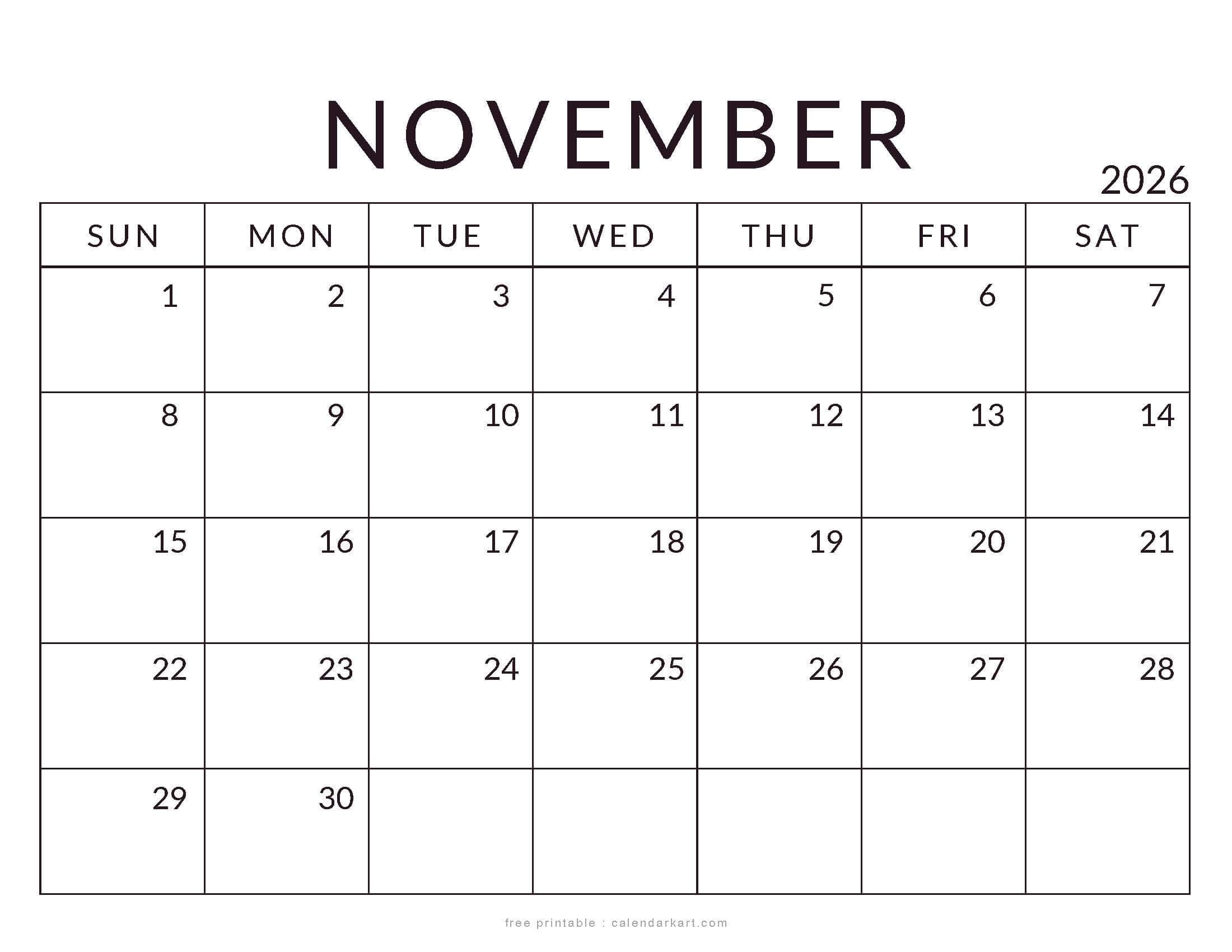 Printable November 2026 Calendar Standard
